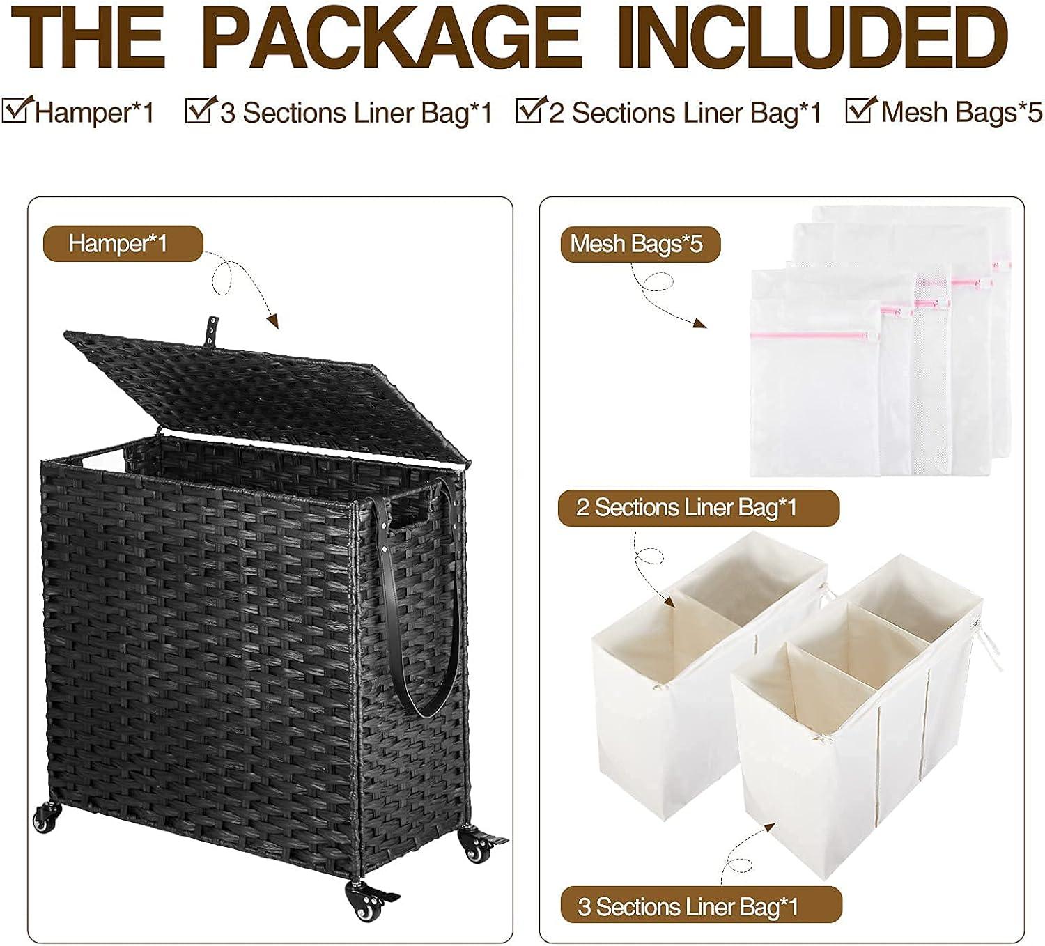 Greenstell Laundry Hamper with Wheels&Lid, 140L Large 3 Sections Clothes Hamper with 2 Types Removable Liner Bags, 5 Mesh Laundry Bags, Handwoven Divided Laundry Basket Black