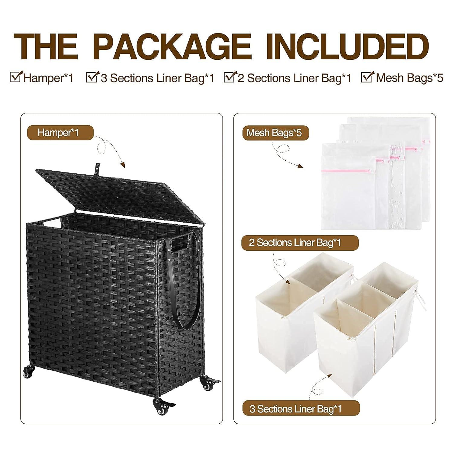 Greenstell Laundry Hamper with Wheels&Lid, 130L Large 3 Sections Clothes Hamper with 2 Types Removable Liner Bags, 5 Mesh Laundry Bags, Handwoven Divided Laundry Basket Black
