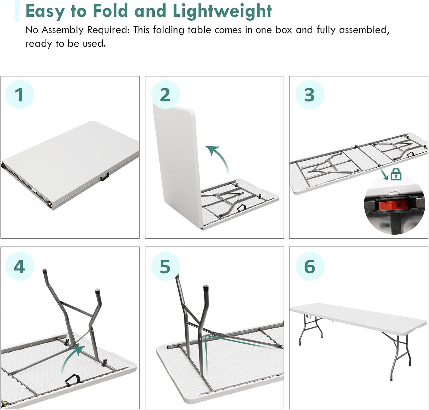 CL.HPAHKL Folding Table with Carrying Handle, Portable Plastic 6 Ft Camping Table, Sturdy Steel Frame for Indoor Outdoor, White