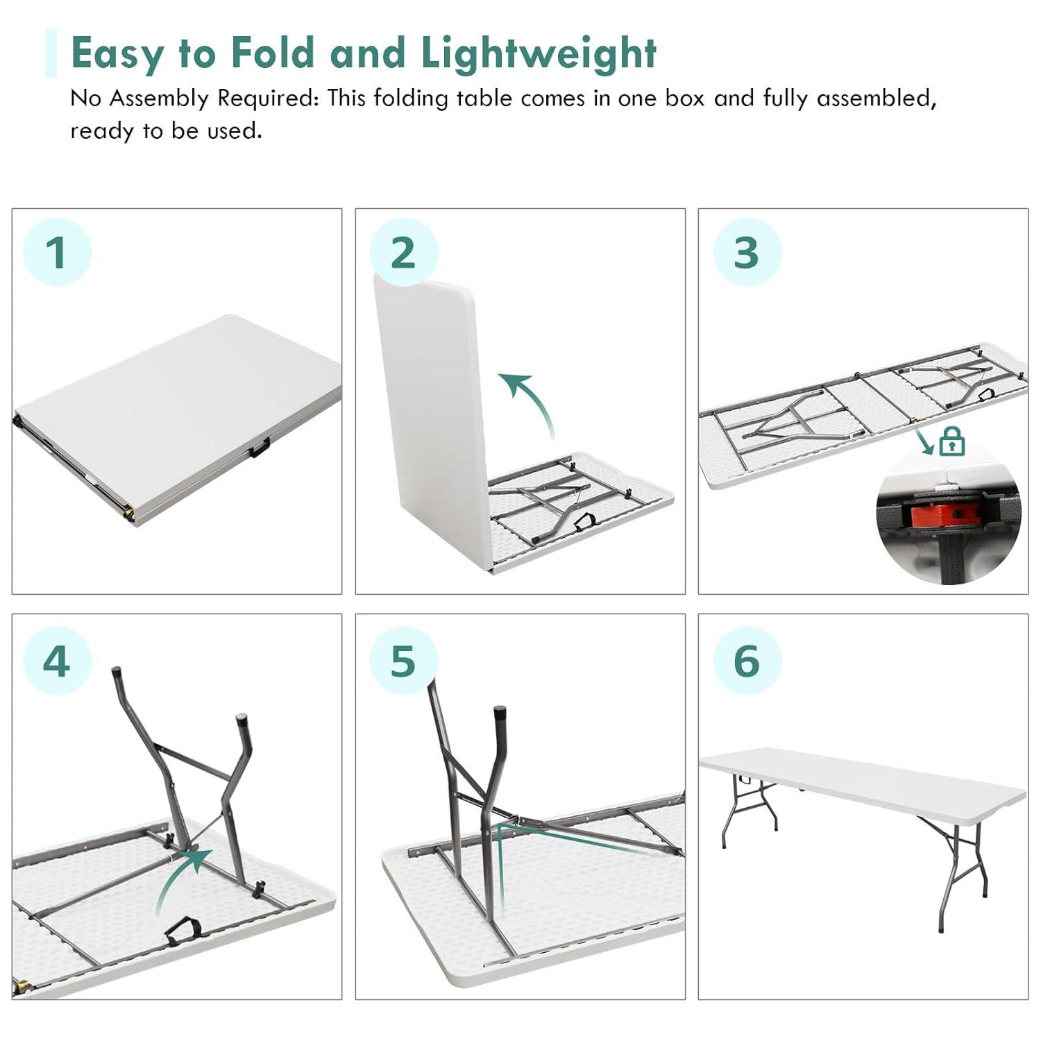 CL.HPAHKL 6 Foot Folding Table with Carrying Handle, Portable Plastic Camping Table Fold in Half, 6 ft Foldable Table with Sturdy Steel Frame for Indoor Outdoor Camping, Picnic and Party, White