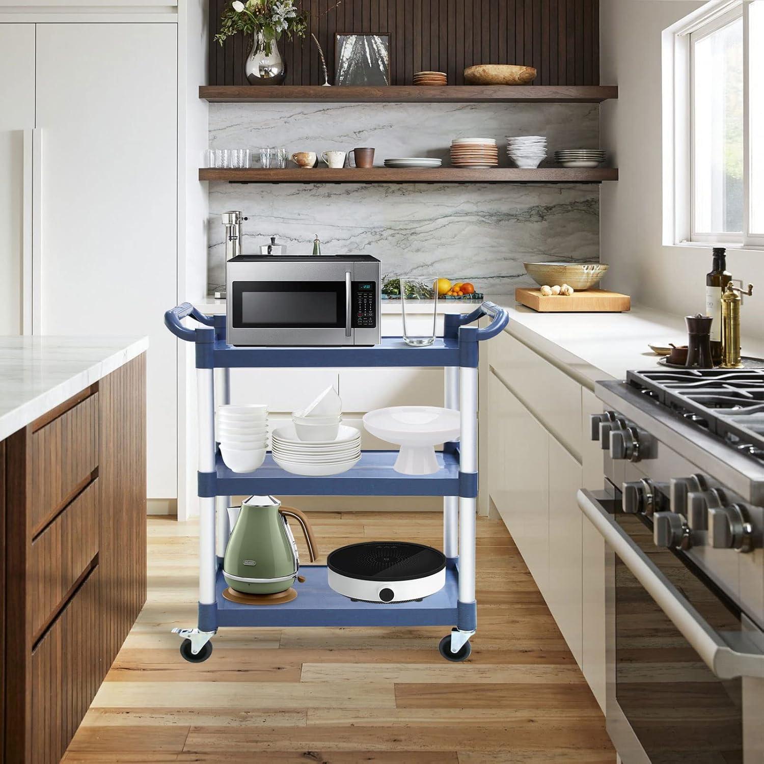 Service Cart Heavy Duty 3-Shelf Rolling Utility/Push Cart with Lockable Wheels, 360 lbs. Capacity, for Foodservice/Restaurant/Cleaning