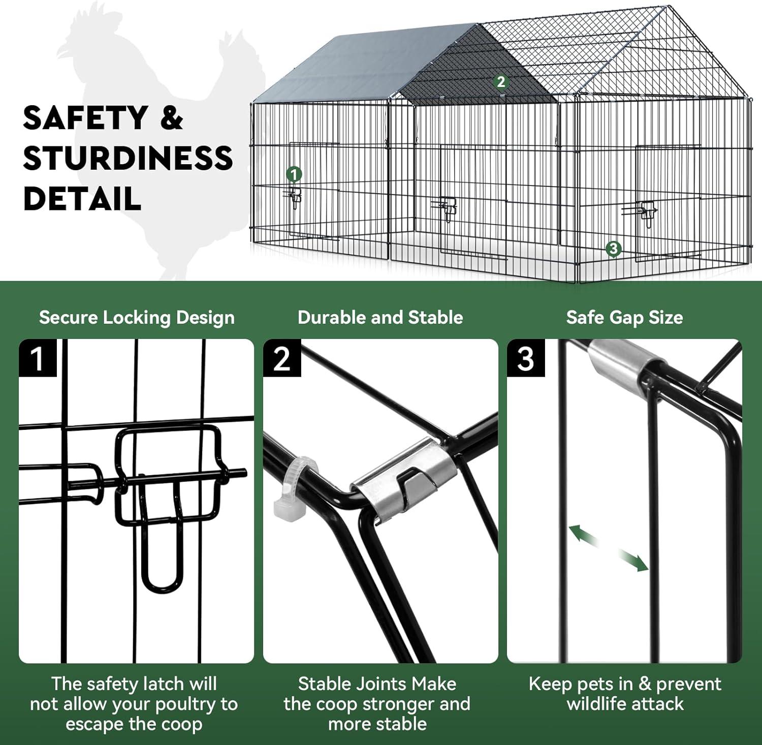 Metal Chicken Coop, 86 x 40 x 40 Inch Chicken Run for Yard with Waterproof Cover, Outdoor Portable Chicken Pen with 4 Doors, 1 Window, Chicken House for Small Animals Duck, Rabbit, Hen