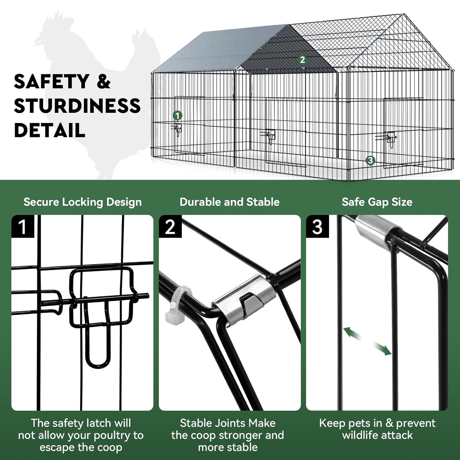 Metal Chicken Coop, 86 x 40 x 40 Inch Chicken Run for Yard with Waterproof Cover, Outdoor Portable Chicken Pen with 4 Doors, 1 Window, Chicken House for Small Animals Duck, Rabbit, Hen