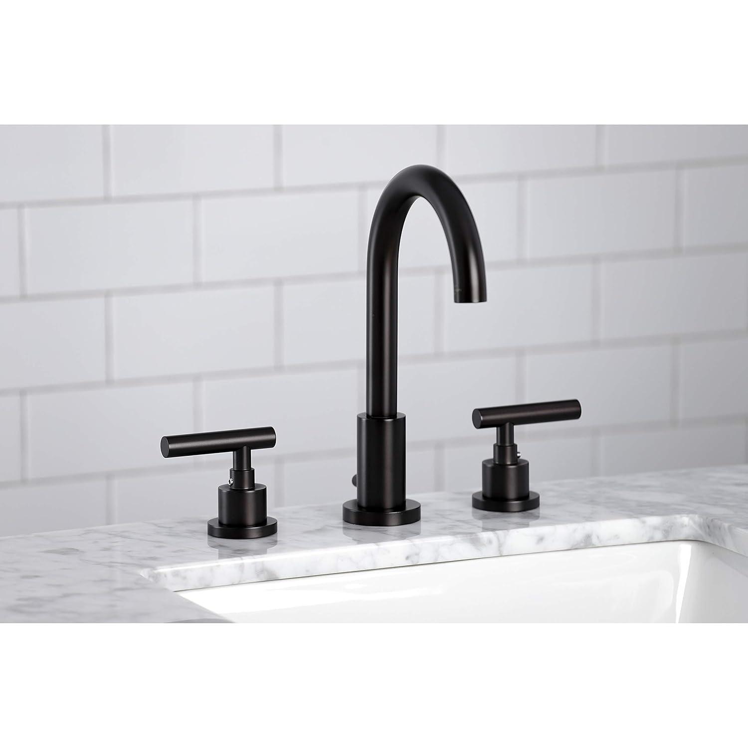 Kingston Brass Manhattan Two-Handle 3-Hole Deck Mount Widespread Bathroom Faucet with Brass Pop-Up Drain