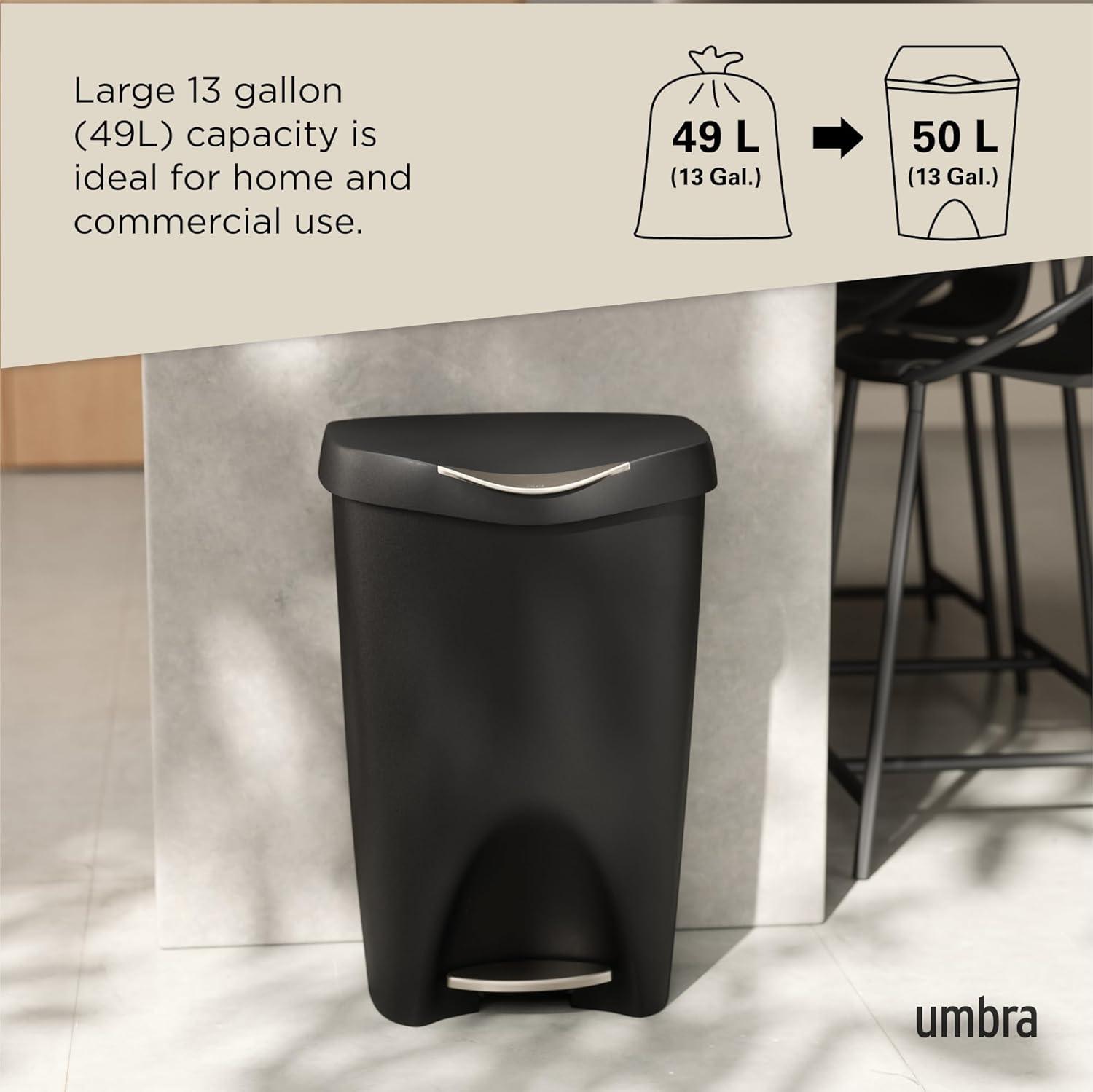 Umbra 13gal Brim Step Trash Can Black/Nickel: Kitchen Trash Can, 50 Quart, Indoor, Polypropylene, Spot Clean