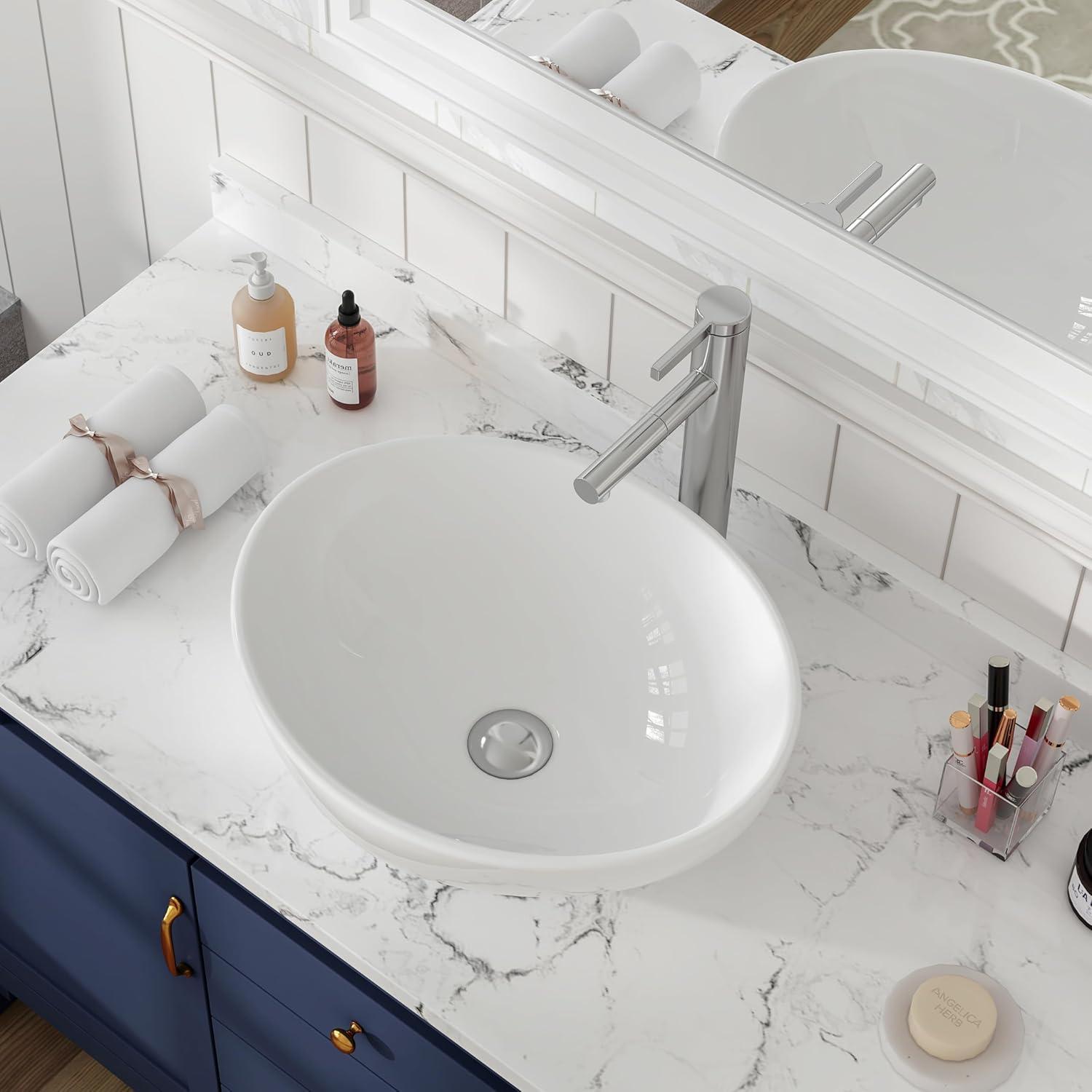 MEJE 16x13-inch Oval White Ceramic Vessel Sink,Modern Egg Shape Bowl, Above Counter Bathroom Vanity Sink