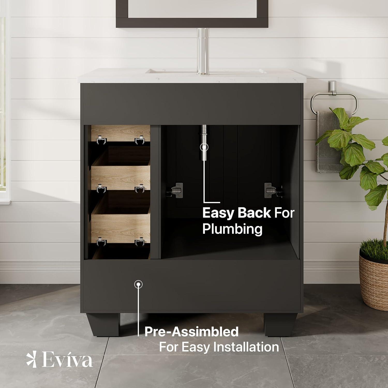 Eviva Acclaim C. 28" Transitional Espresso Bathroom Vanity with White Carrara Quartz Countertop