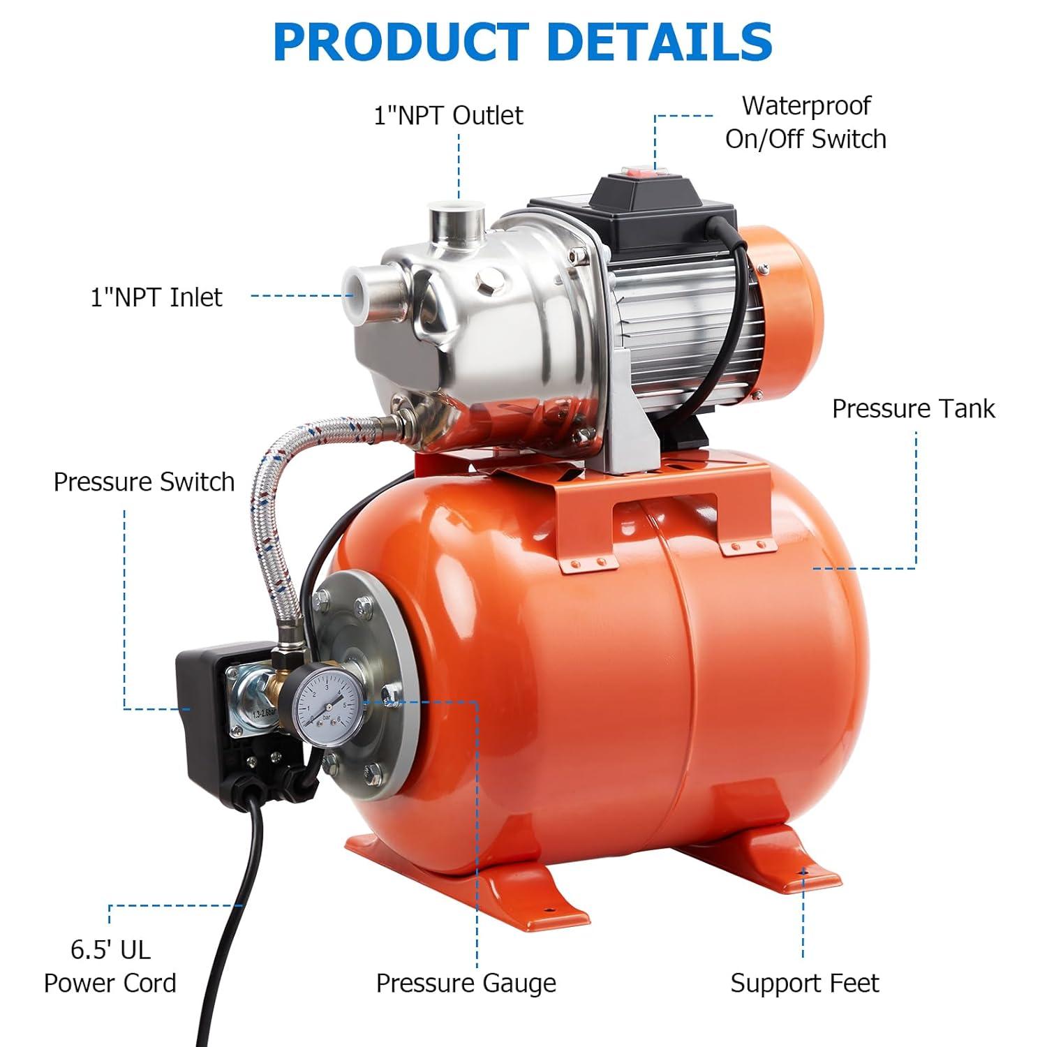 1HP Stainless Steel Shallow Well Pump with Orange Pressure Tank