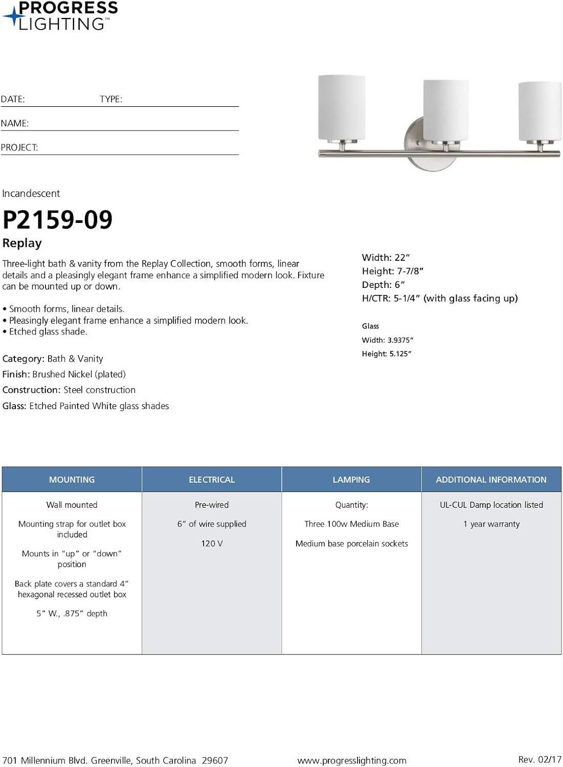 Progress Lighting Replay Collection 3-Light Bath Vanity, Brushed Nickel, Shade Included