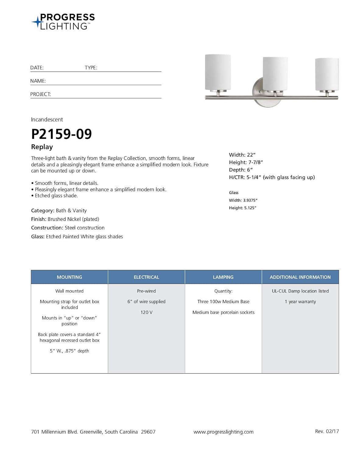 Progress Lighting Replay Collection 3-Light Bath Vanity, Brushed Nickel, Shade Included