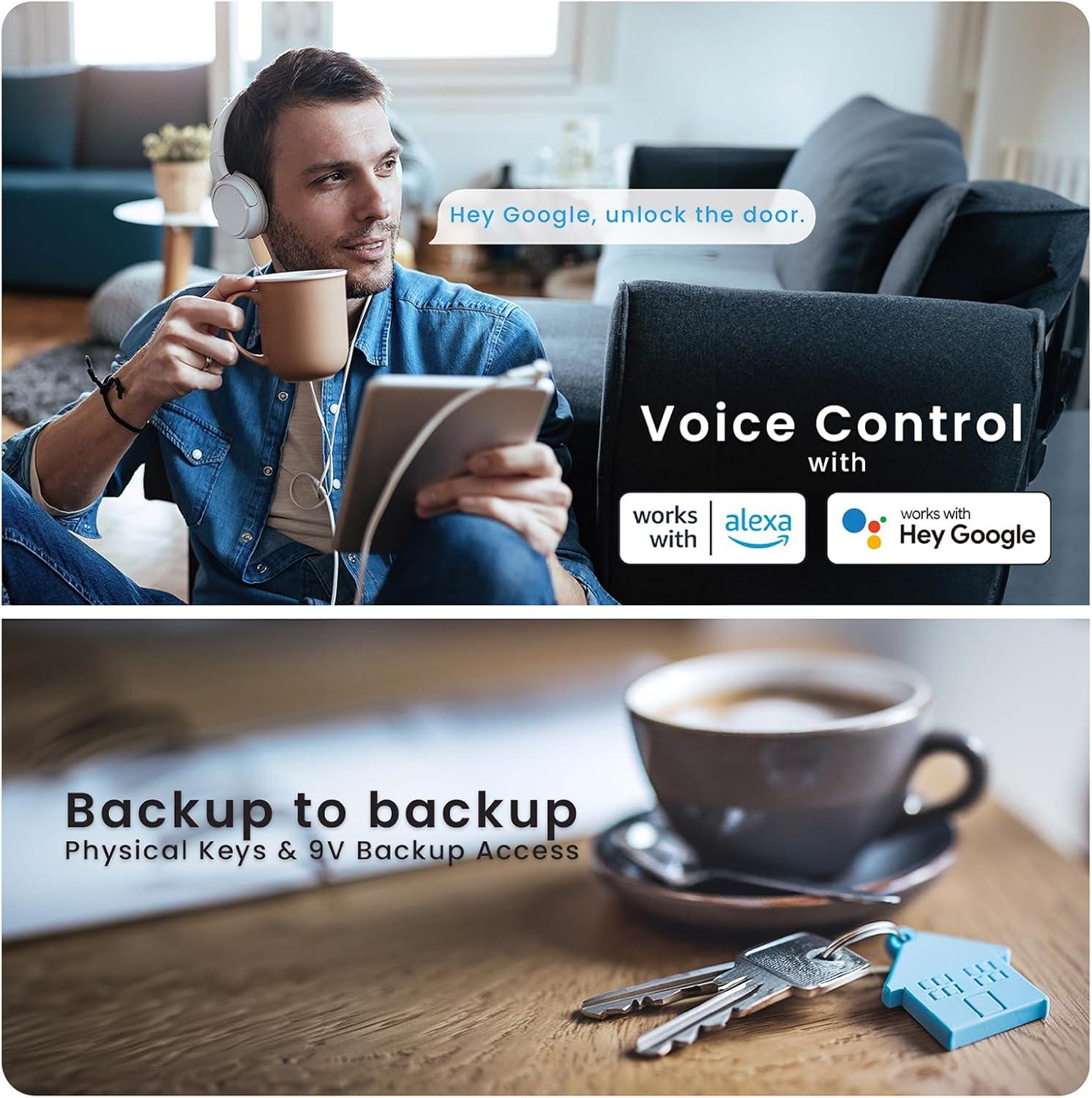 Lockly Secure Plus Bluetooth Smart Door Lock, Keyless Entry with PIN Genie® Digital Keypad, 3D Biometric Fingerprint Sensor Front Door Lock with Handle, Voice Control & Auto Lock - Latch Edition