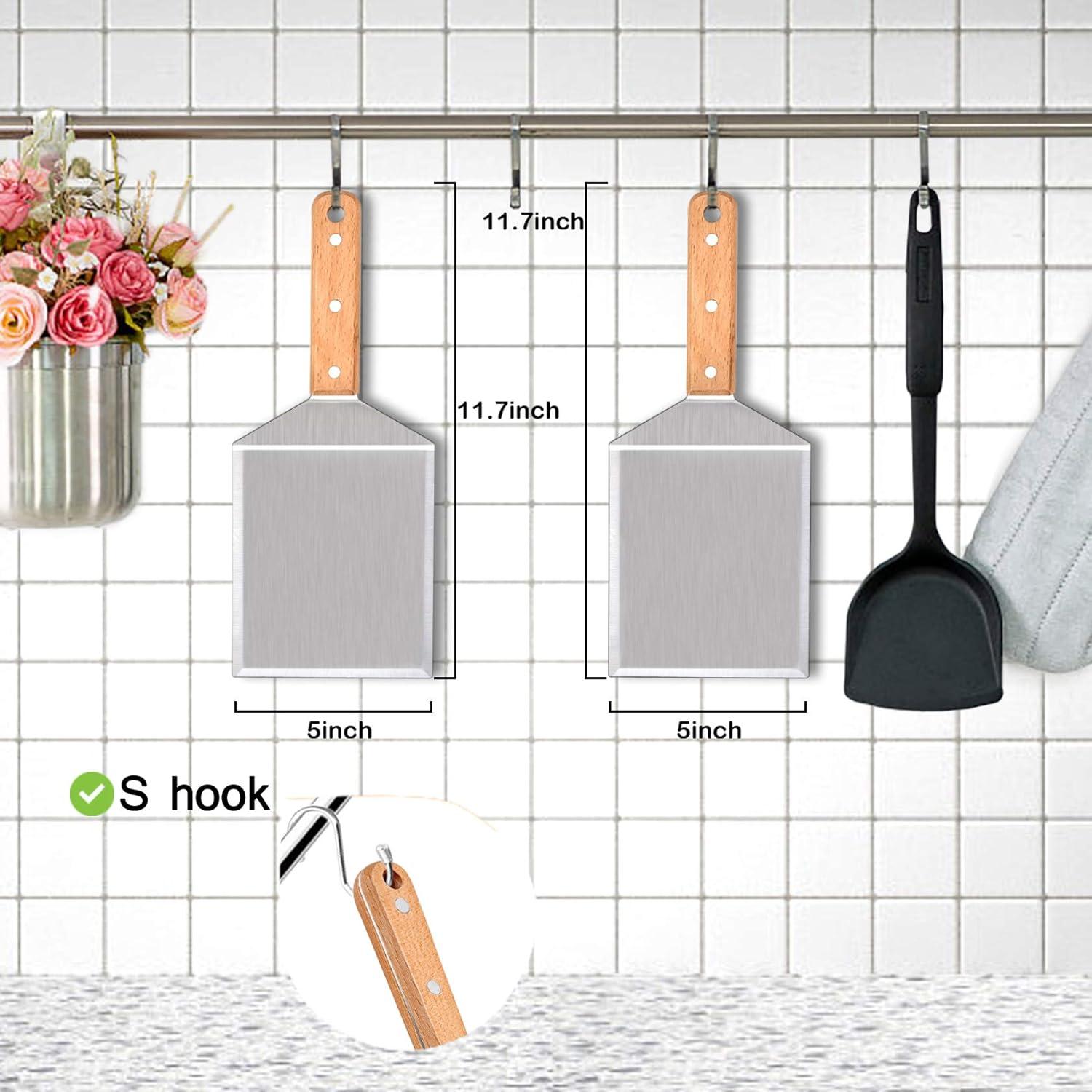 Metal Spatula Set of 2, Leonyo Stainless Steel Griddle Hamburger Spatula, as Barbecue Turner Grilling BBQ Griddle Accessories, Triple Rivets & 2 x S Hook, Heavy Duty & Easy Press