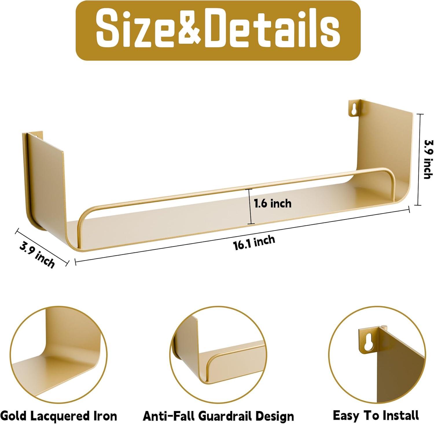 Mercer41 16 Inch Gold Floating Shelves Set Of 2, Modern Iron Bathroom Shelves With Guardrail, U-shaped Wall Mounted Shelf For Home Decor & Organizer, Display Shelf For Bathroom,kitchen,bedroom&any Room