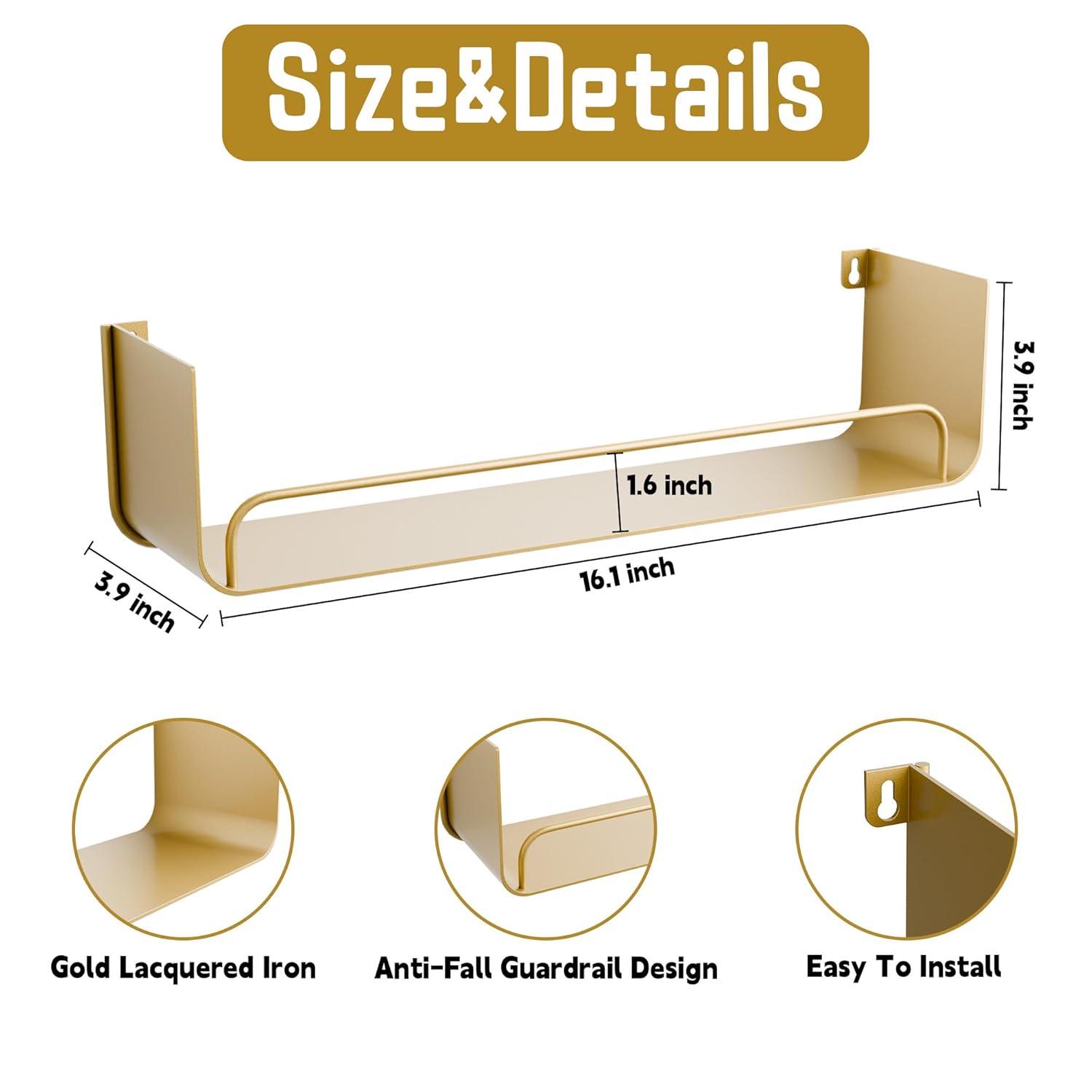 Mercer41 16 Inch Gold Floating Shelves Set Of 2, Modern Iron Bathroom Shelves With Guardrail, U-shaped Wall Mounted Shelf For Home Decor & Organizer, Display Shelf For Bathroom,kitchen,bedroom&any Room