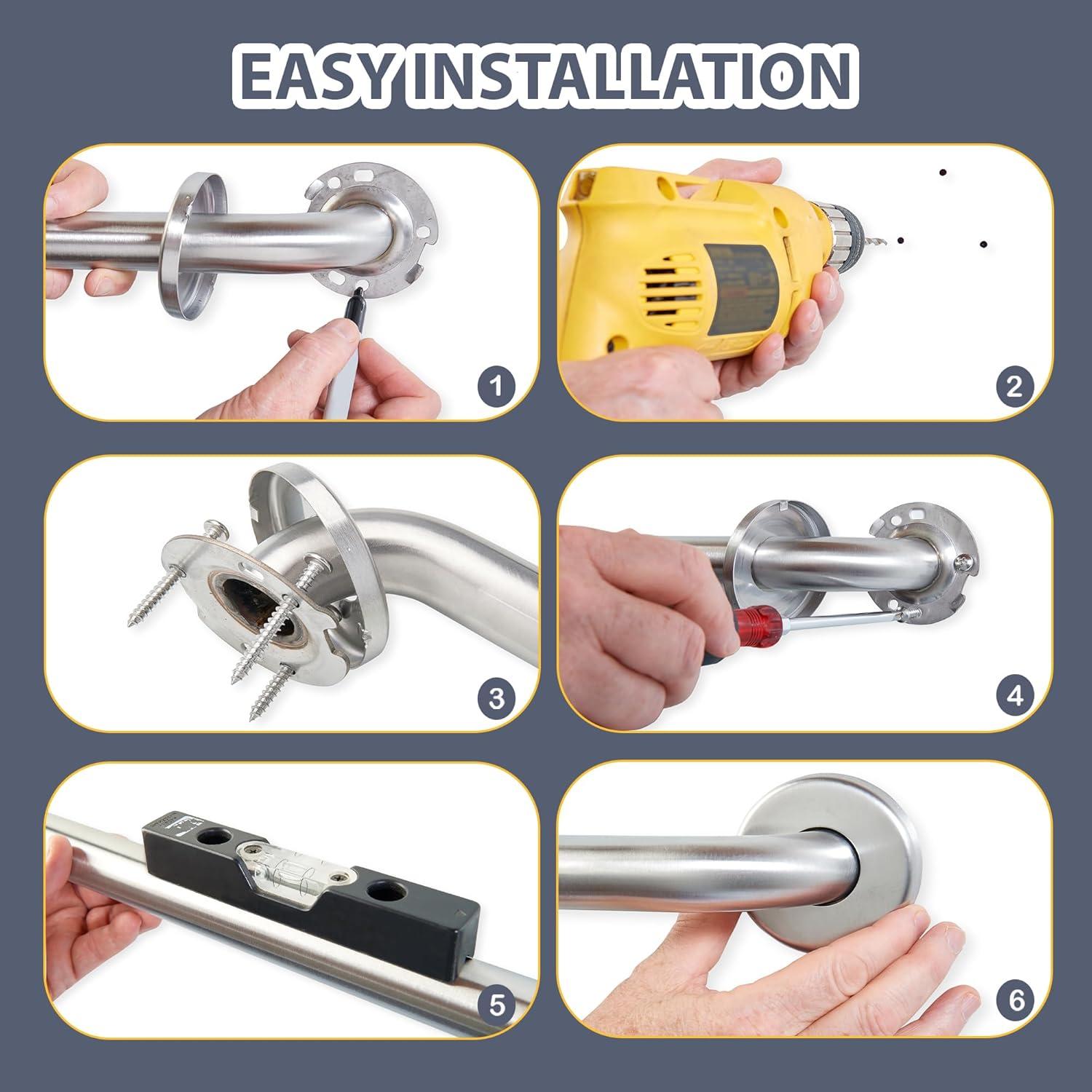 Grab Bar for Bathtub Shower - 1.5" Dia. / Stairs Bed Toilet Bathroom / Stand Assist & Safety Handrail / 304 Stainless Steel / Smooth Grip / 12"