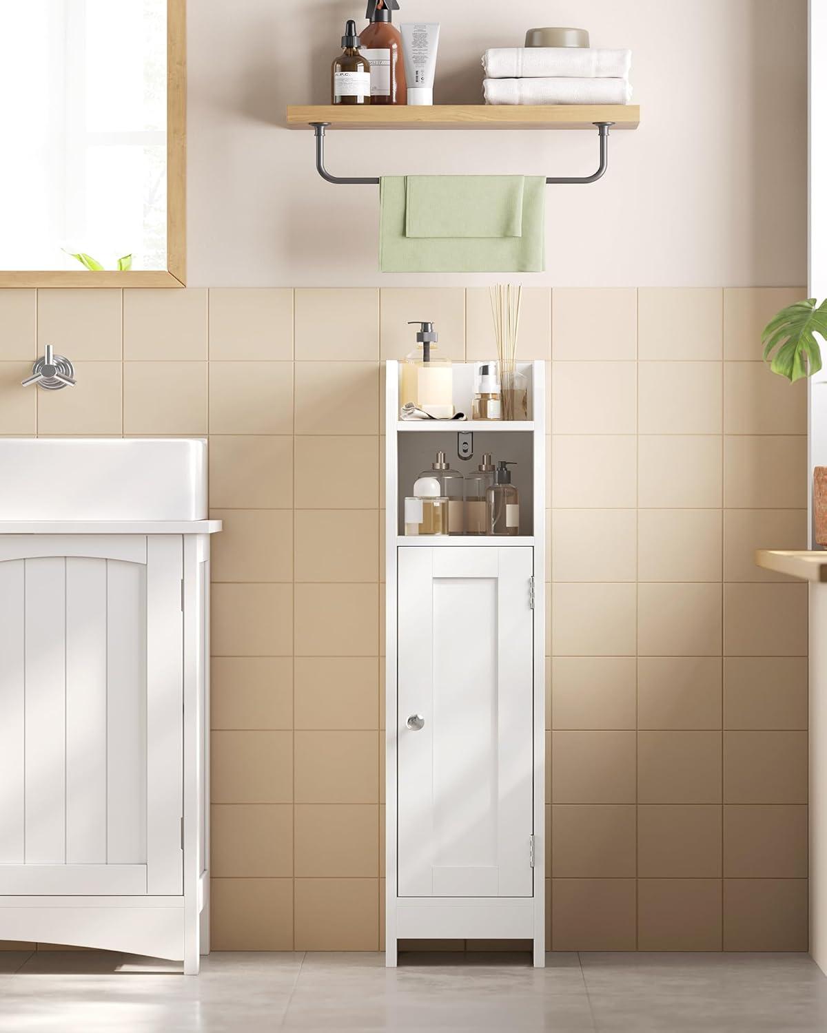 White MDF Narrow Bathroom Storage Cabinet with Adjustable Shelves