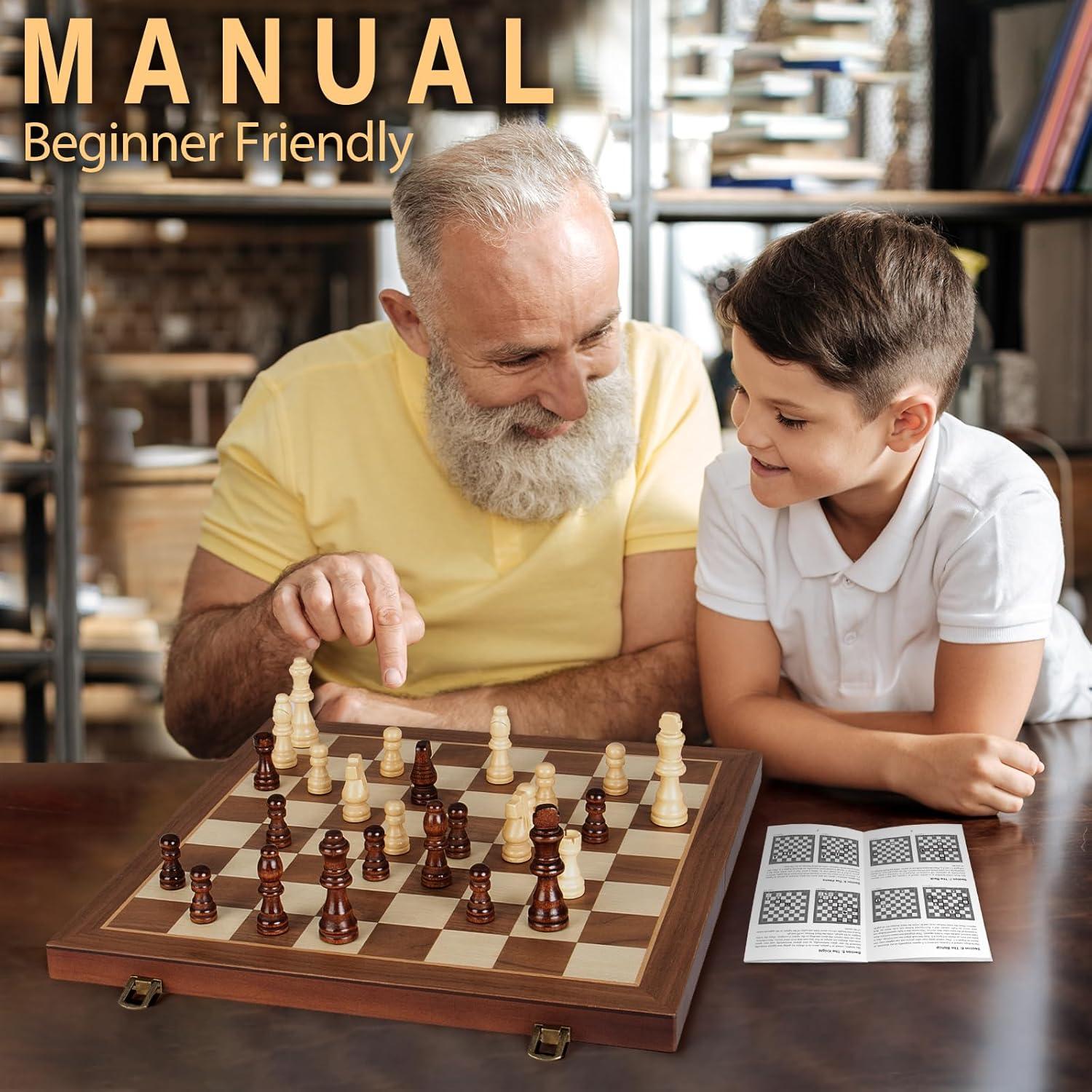 KiddiTouch 15 inch Magnetic Wooden Chess Set 2 in 1 Folding Chess Board Travel Chess Games for Adults and Kids