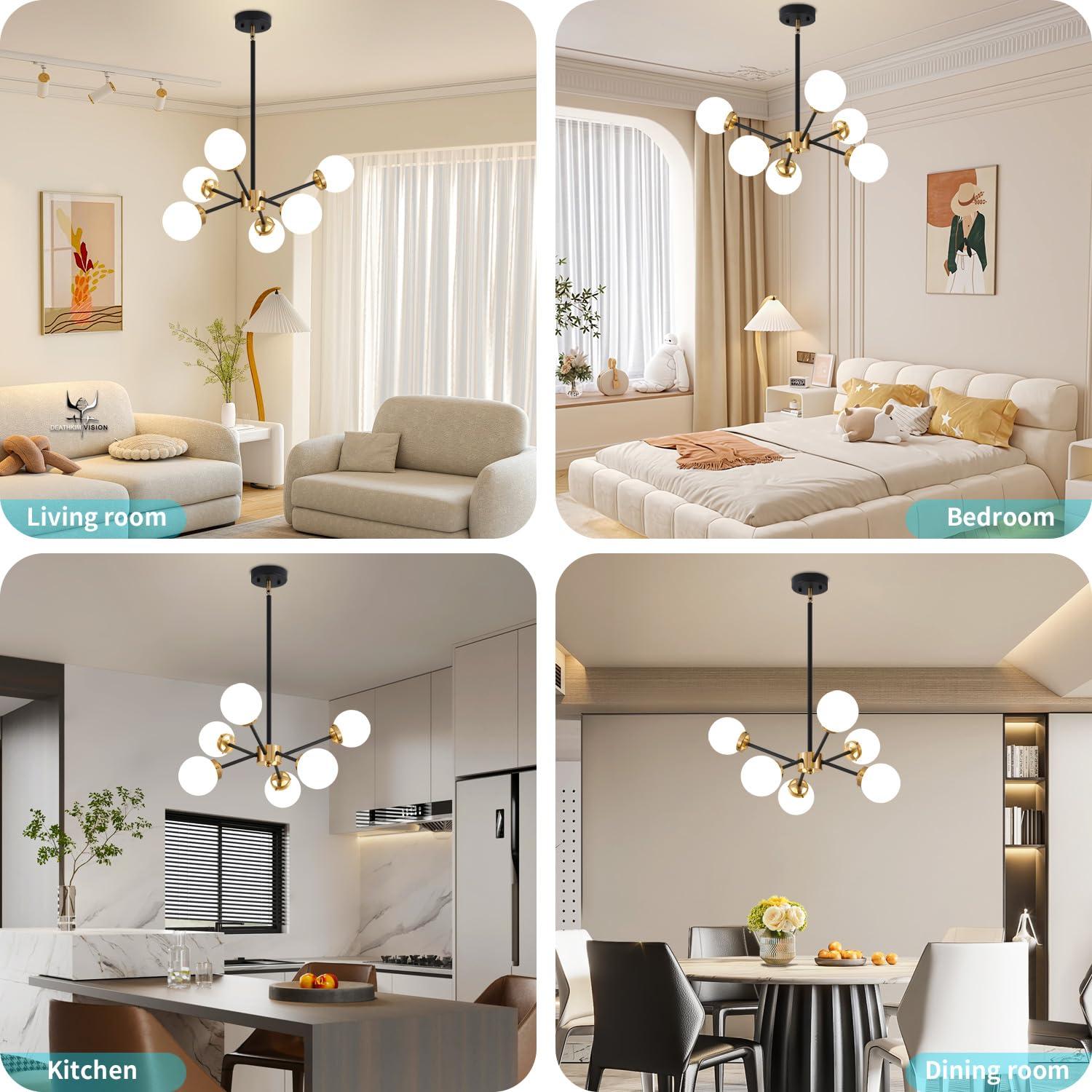 Gold Sputnik Chandelier 4-Light Globe Sputnik Ceiling Light Fixture Mid Century Sputnik Chandeliers with Milk Glass Shade