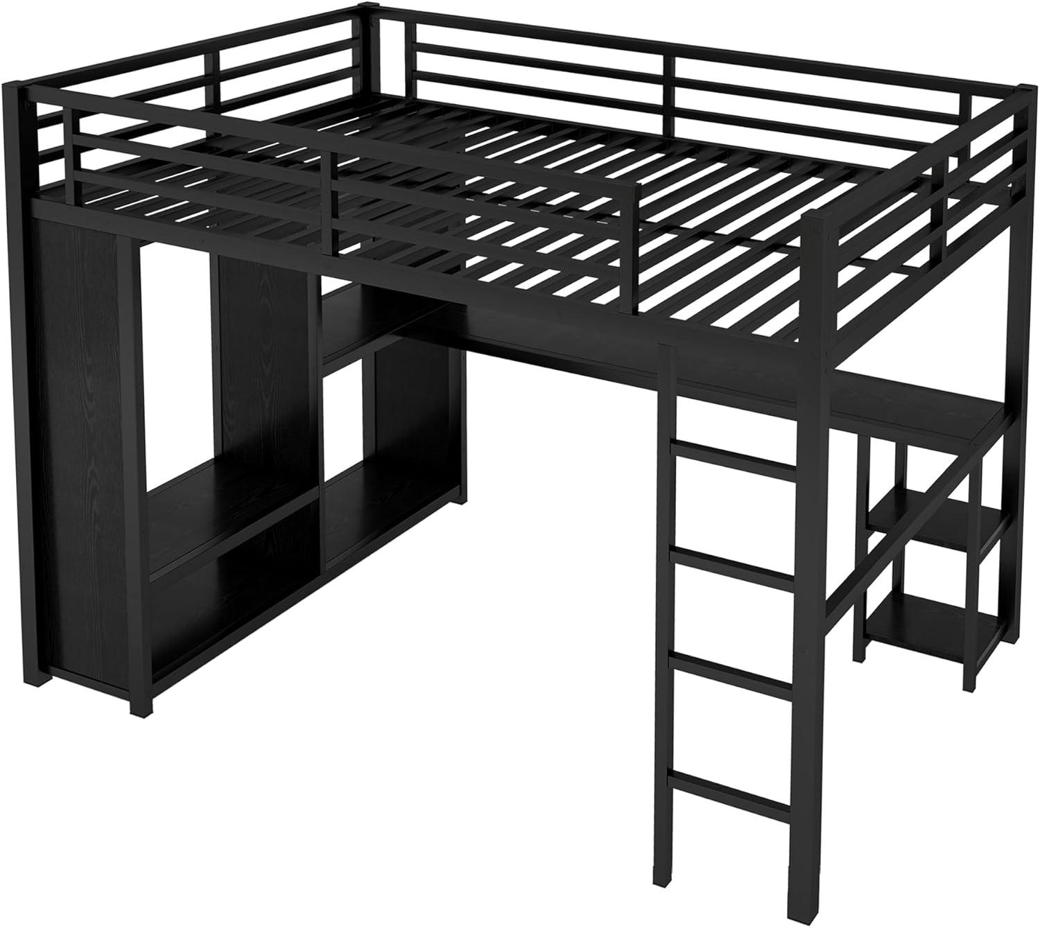 Bellemave Queen Size Loft Bed with Desk and Wardrobe Metal Loft Bed with Storage Shelves Loft Bed Frame with Guardrails for Kids, Teens, No Box Spring Needed (Queen, Black)