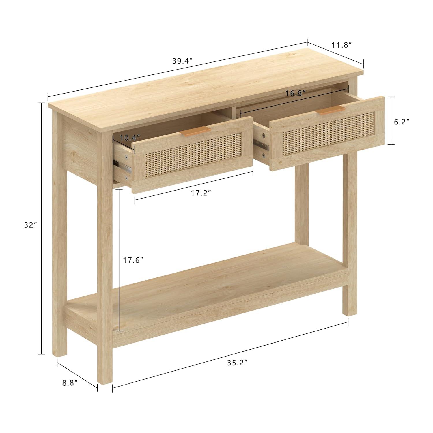 Farmhouse Rattan Console Table with 2 Drawers 2 Tier Boho Narrow Long Sofa Table Natural with Open Storage Shelf Wood Entryway Table for Living Room Hallway Foyer (Nature, 39.4 Inch)