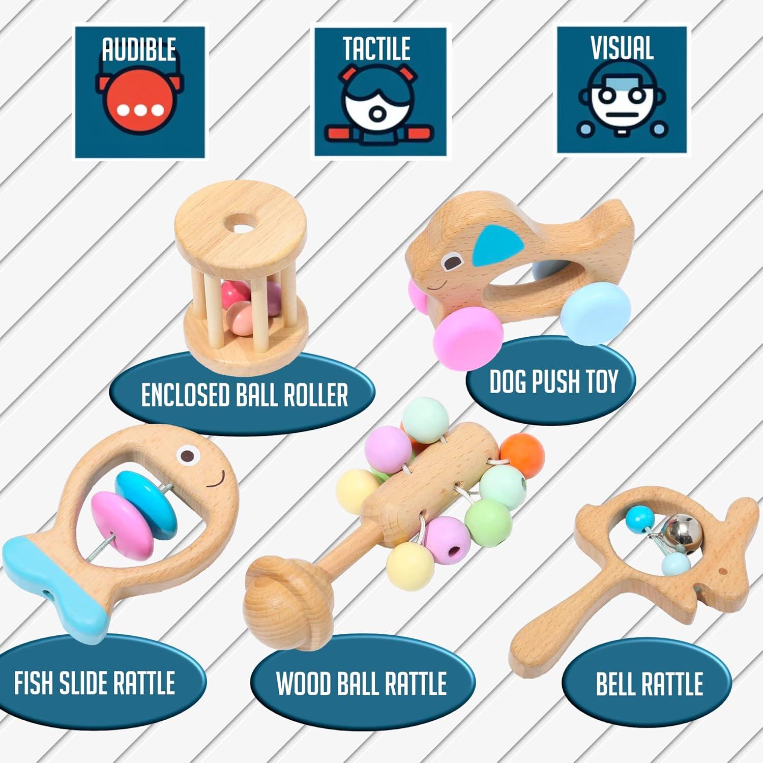 Montessori Mama Wooden Toys for Babies 5-Piece Collection - Multi-Sensory Learning Rattle for Babies - Infant Wooden Toy Set Baby Weights Toys - Teether