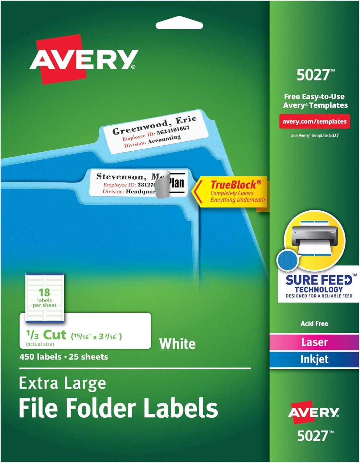 Avery Printable File Folder Labels, 15/16 x 3-7/16 Inches, White, Pack of 450