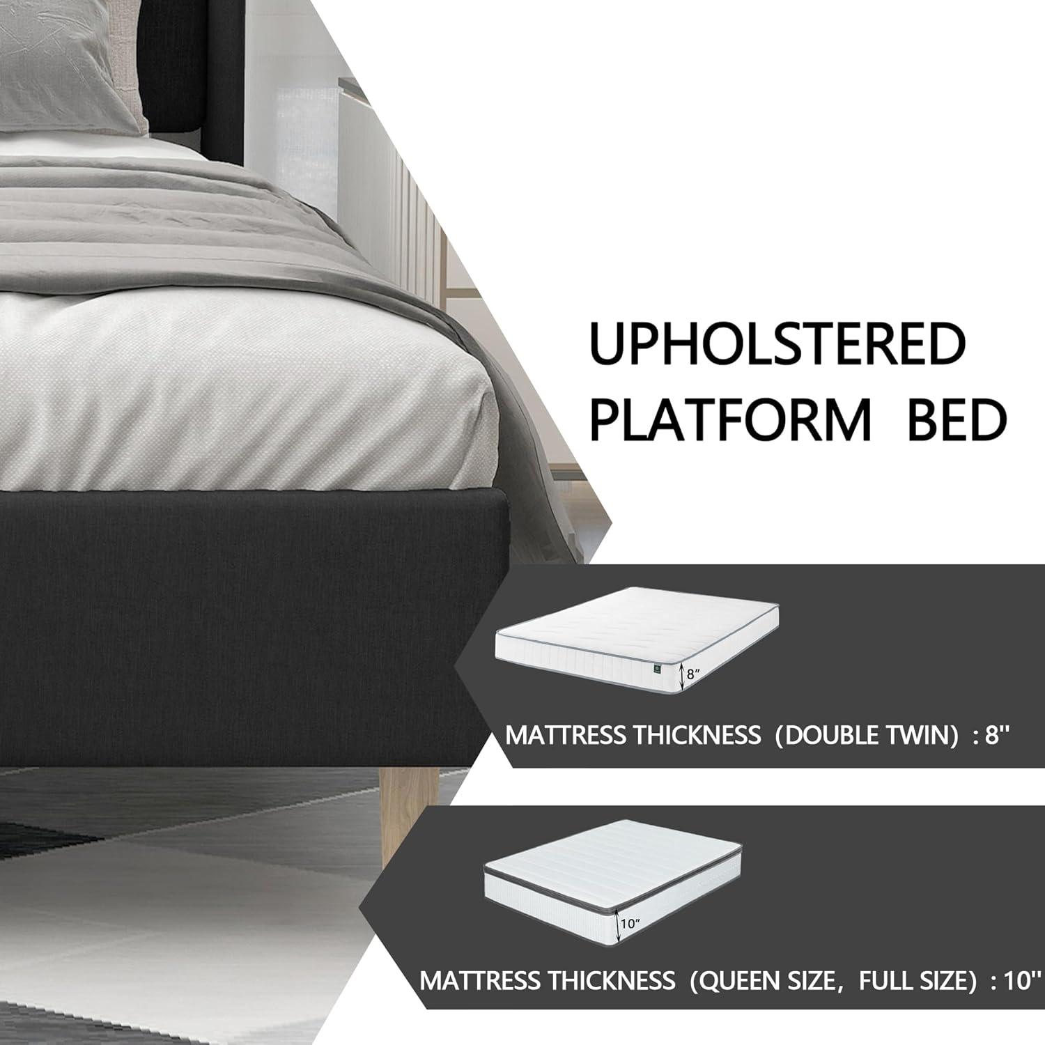 alazyhome Upholstered Platform Twin Size Bed Frame with Headboard Wooden Slats Support No Noise Easy Assembly Black Linen