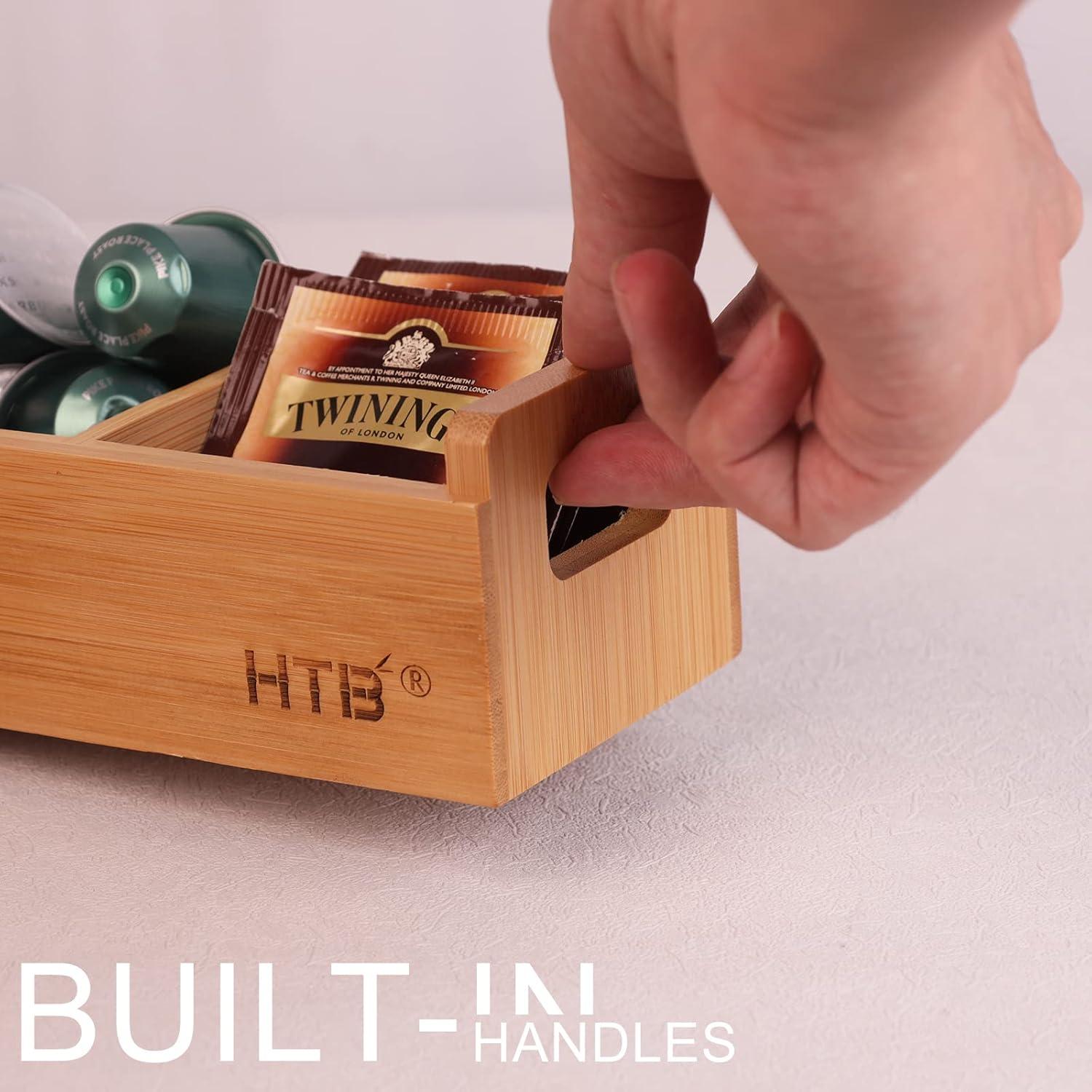 HTB Small Tea Bag Holder Pack of 2, Bamboo Tea Organizer 3 Compartments for Beverage Suppliers, Sweeteners, Individual Packets, Portable Tea Bag Organizer for Home Kitchen Counter or Office