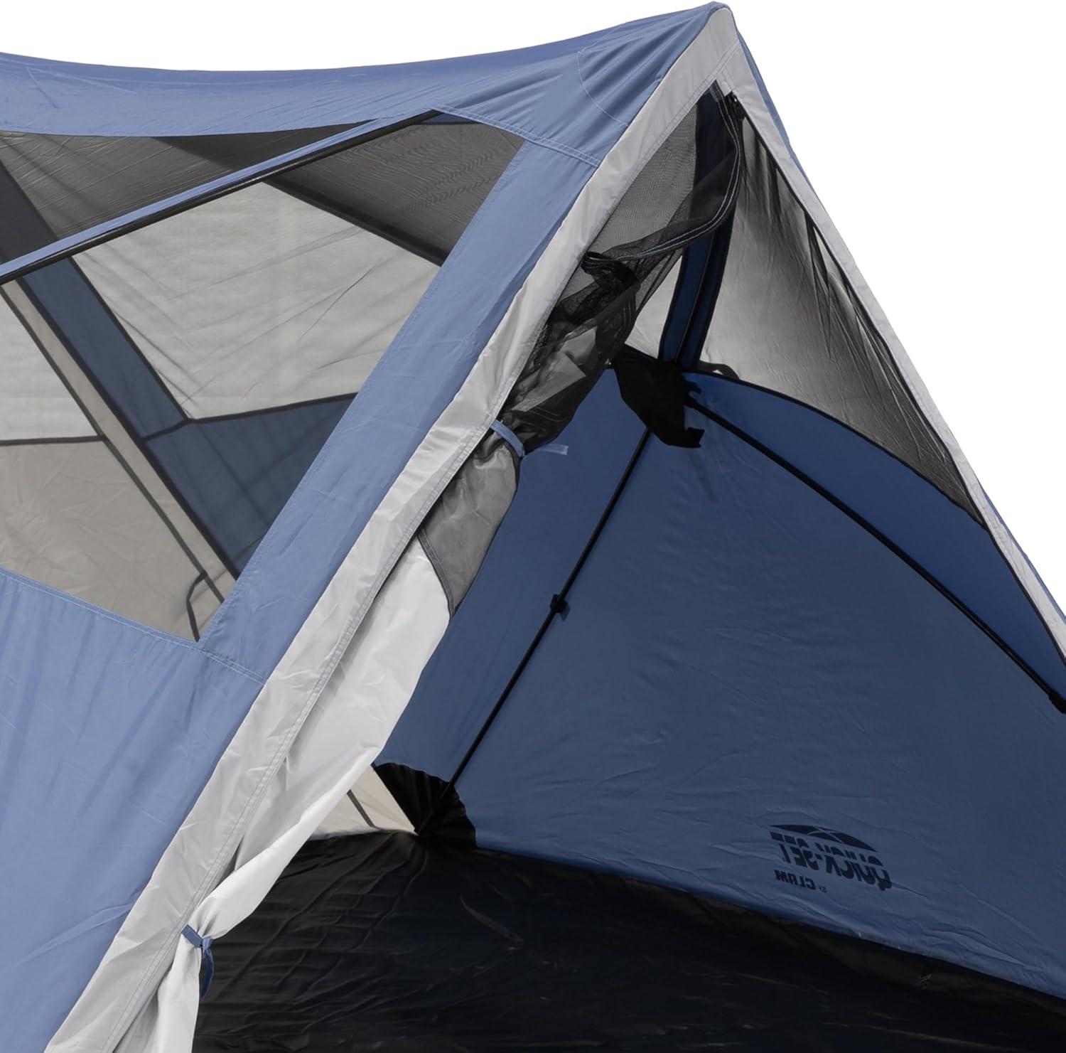 CLAM Quick-Set Apex A-Frame Tent, 8 x 8 Foot Portable Pop Up Tent Outdoor, 3 Person Camping Shelter with 2 Entry Doors & Rain Fly, Blue/Gray