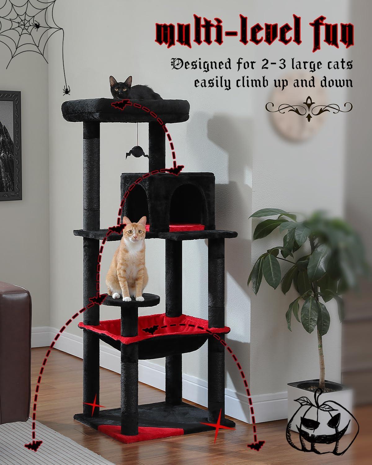 Gothic Cat Tree With Super Large Hammock, Cat Tower With Coffin Bed, Cat Condo, Sisal Scratching Posts & Top Perch, Multi-Level Goth Cat Tree, Halloween