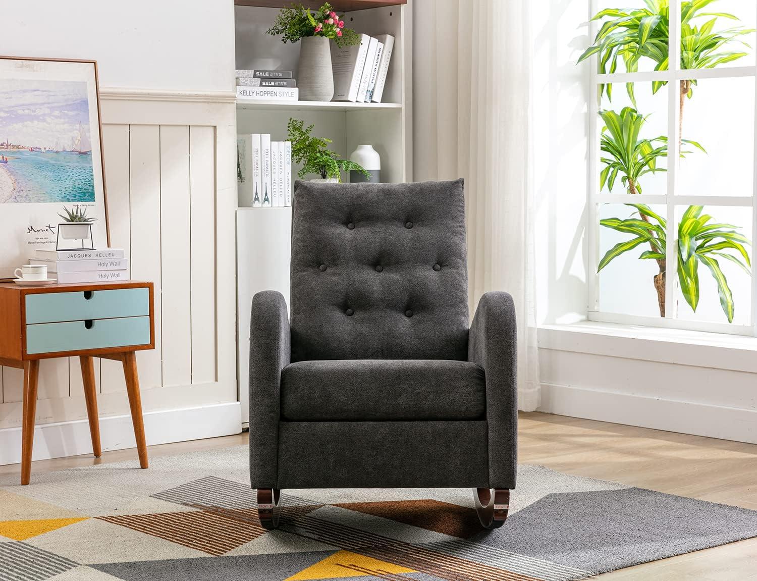 Antetek Modern Accent Rocking Chair, Upholstered Nursery Glider Rocker, Comfy Armchair with Side Pocket, Living Room Lounge Arm Chair, High Backrest with Decorative Buttons, Dark Grey