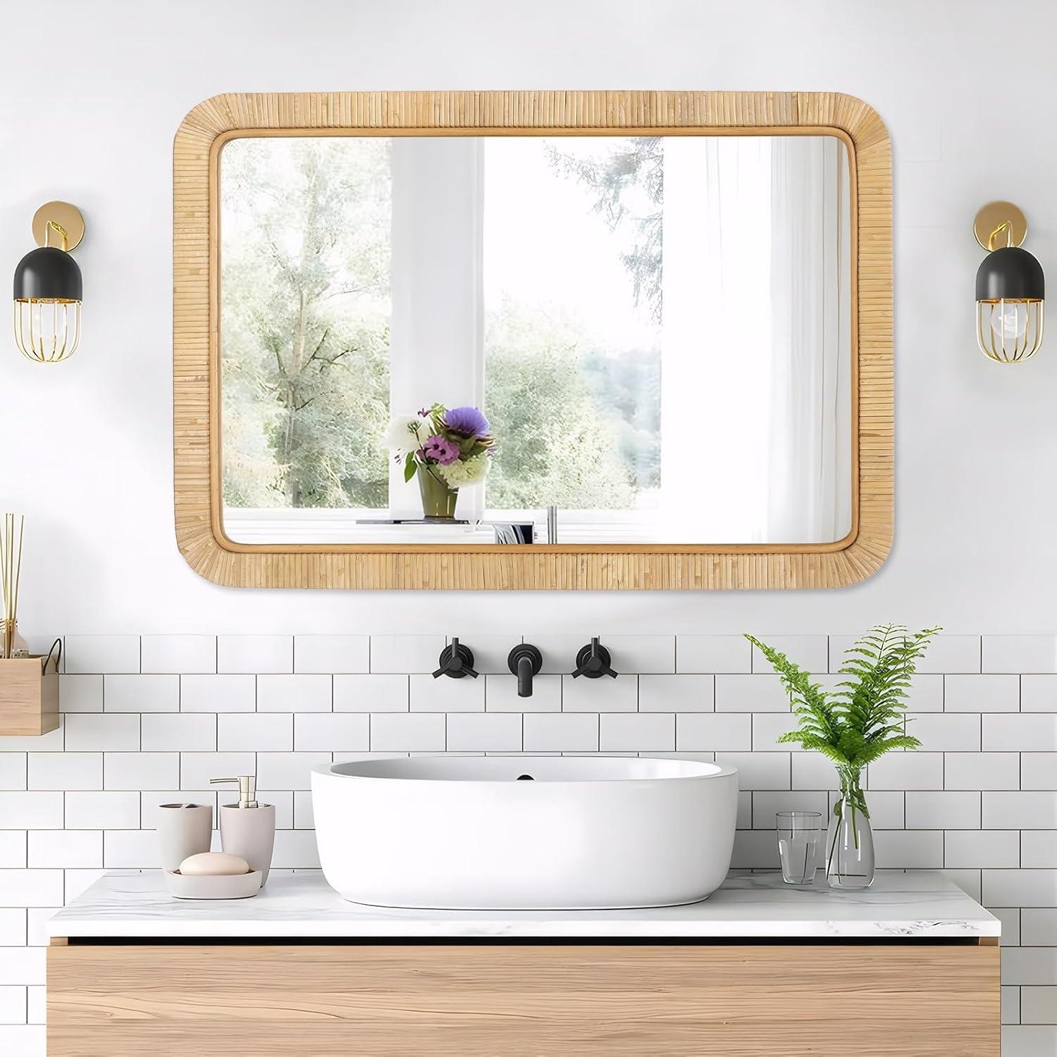 Barnyard Designs Rattan Bathroom Mirror – Rustic Farmhouse Style Handmade Wicker Rattan Frame - Boho Mirror for Nursery Wall Décor (20" x 30", Rectangular)