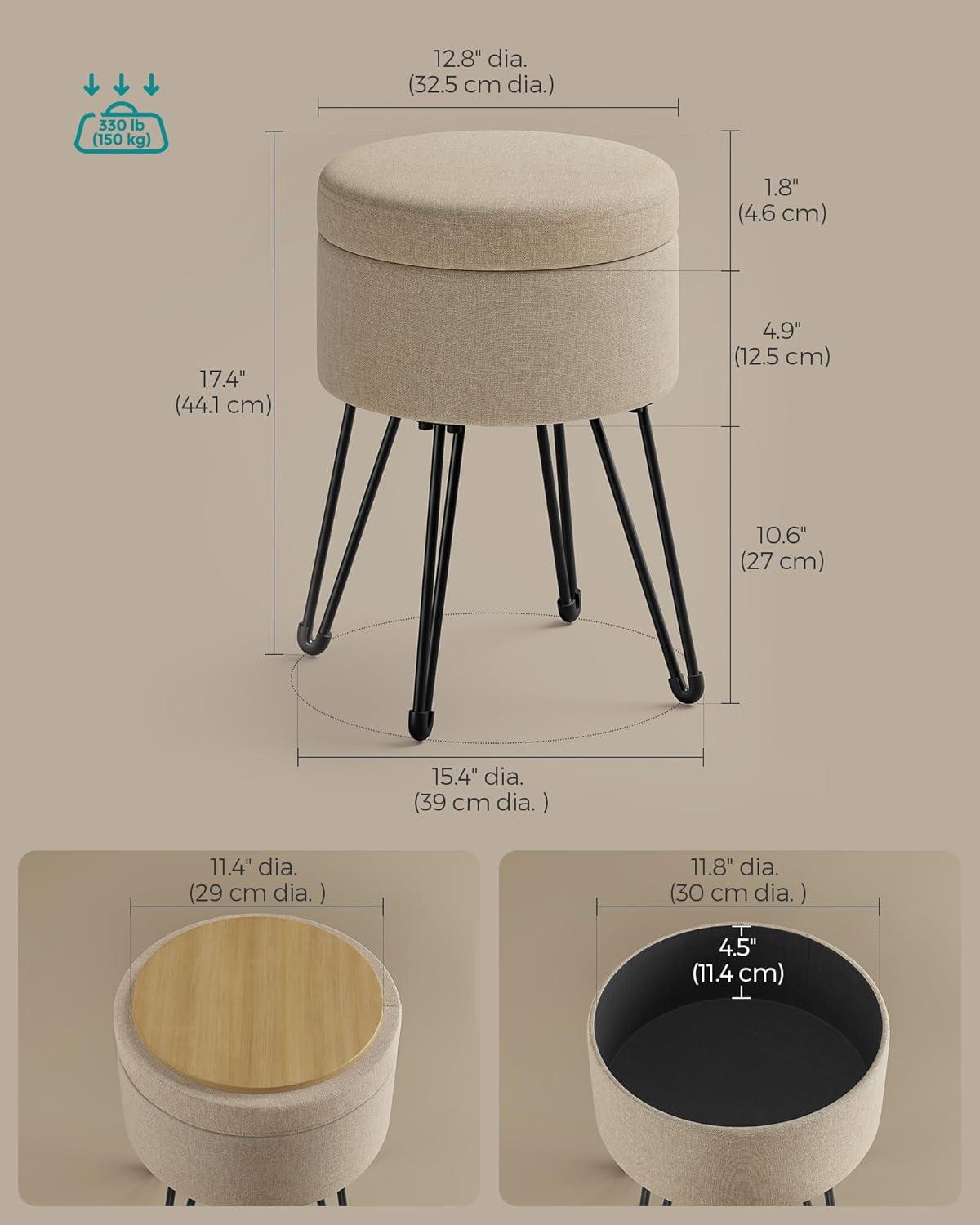 SONGMICS Vanity Stool Chair, Small Ottoman Stool with Storage, Vanity Chair, 15.4 Dia. x 17.4 Inches, 4 Metal Legs, for Makeup Room, for Living Room, Bedroom, Camel Brown ULOM002K01