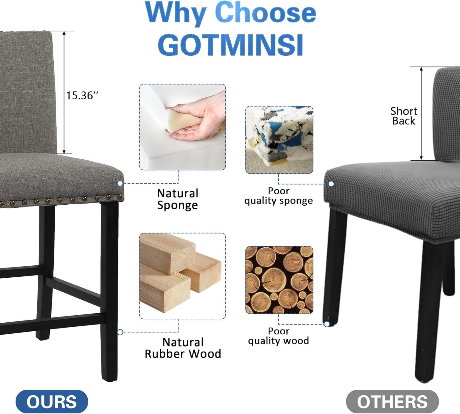 GOTMINSI Counter Height Bar Stool, Classic Upholstered 24 Inches Counter Height Stools Set of 4 barstools with Solid Wood Legs and Grey Fabric