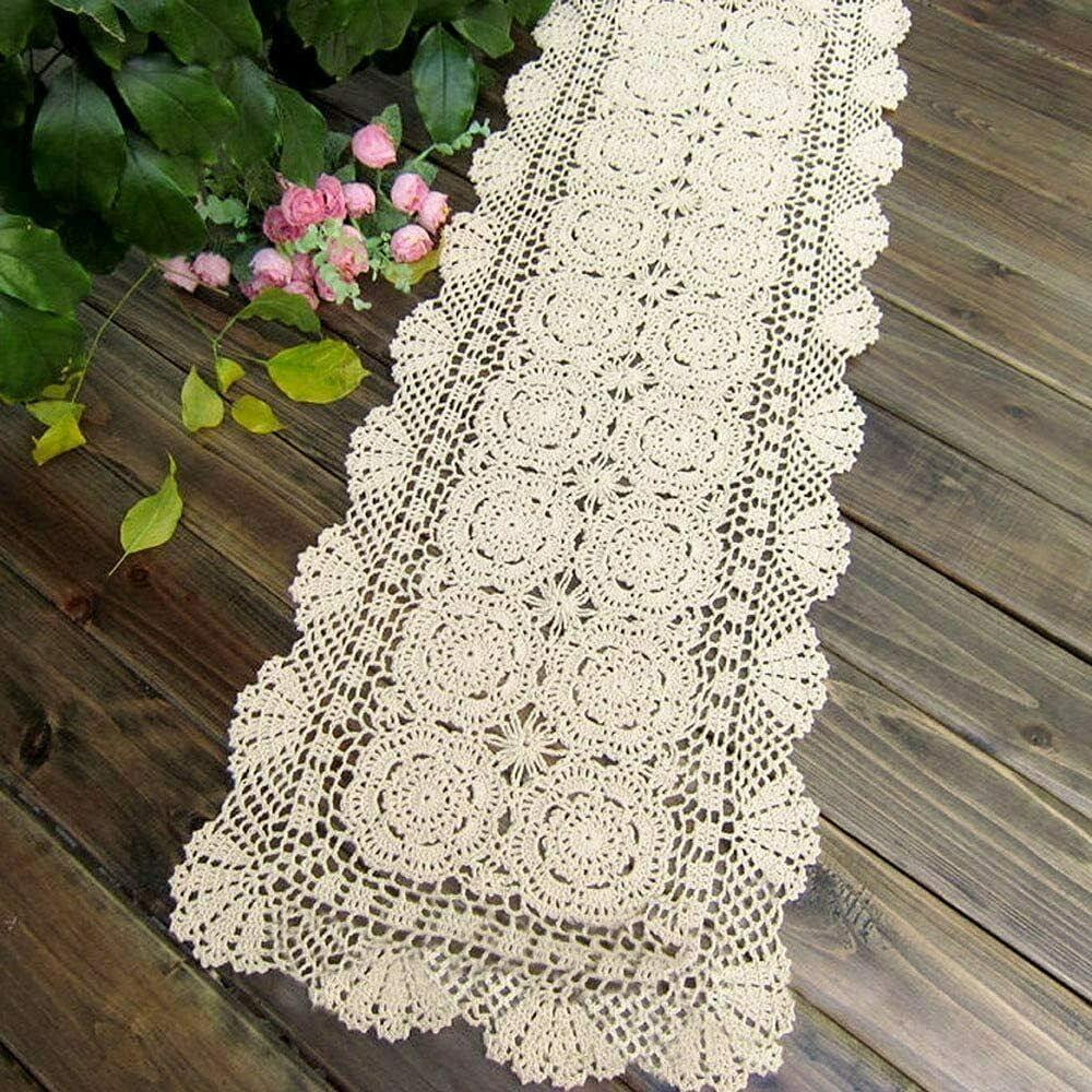 Phantomon Lace Table Runner Rectangular Table Cover Cloth Handmade Crochet Floral Placemats 100% Cotton (Floral Beige, 15x28Inch)
