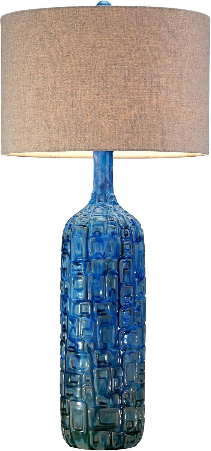 Possini Euro Design Mid Century Modern Table Lamp Ceramic Tiled Teal Tall Tan Linen Drum Shade for Living Room Family Bedroom (Colors May Vary)