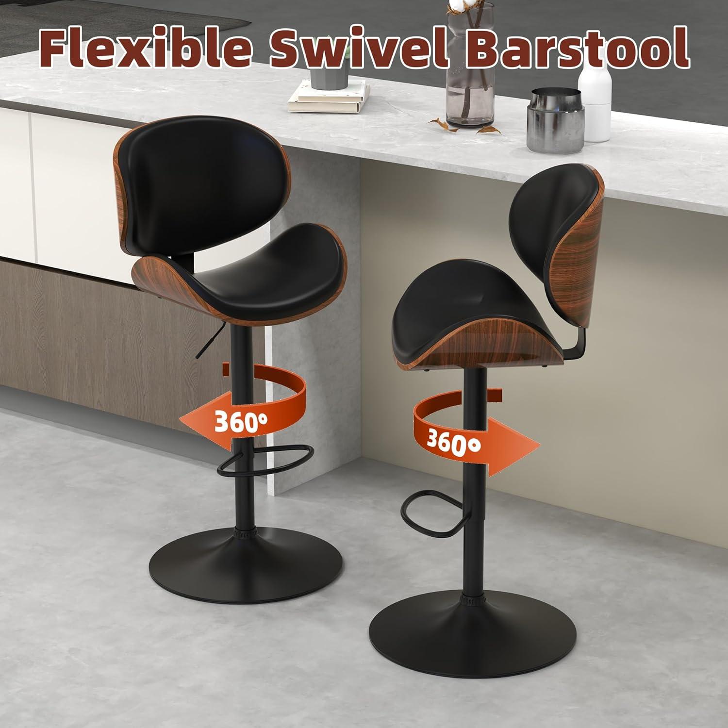 civama Bar Stools Set of 2 for Kitchen Counter, Adjustable Bar Height Chairs, Modern Swivel Barstools with Bentwood Seat and Back with Footrest, for Kitchen Island, Dining Room, Black PU Leather