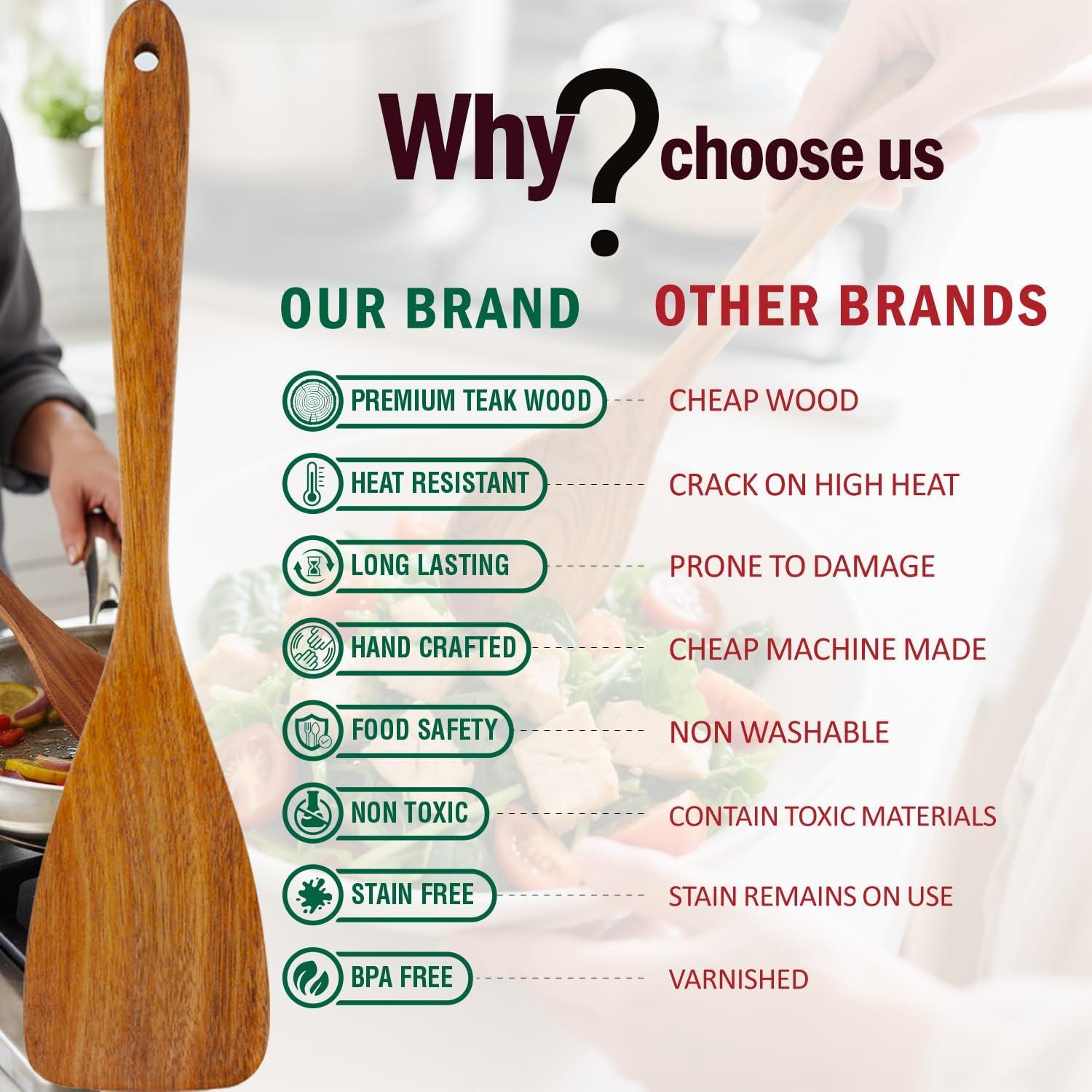 Wooden Spoons for Cooking, 10 Pcs Teak Wood Cooking Utensil Set ‚ Wooden Kitchen Utensils for Nonstick Pans & Cookware ‚ Sturdy, Lightweight & Heat Resistant