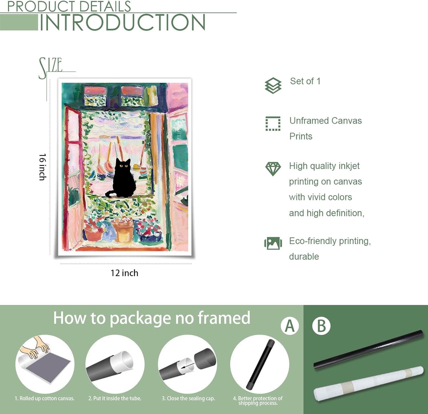 Henri Matisse Oil Paintings on Canvas Wall Art Matisse Famous Open Window Black Cat Poster Funny Cat Floral Print Colorful Farmhouse Gallery Aesthetic Room Decor for Bedroom Bathroom 12x16in Unframed