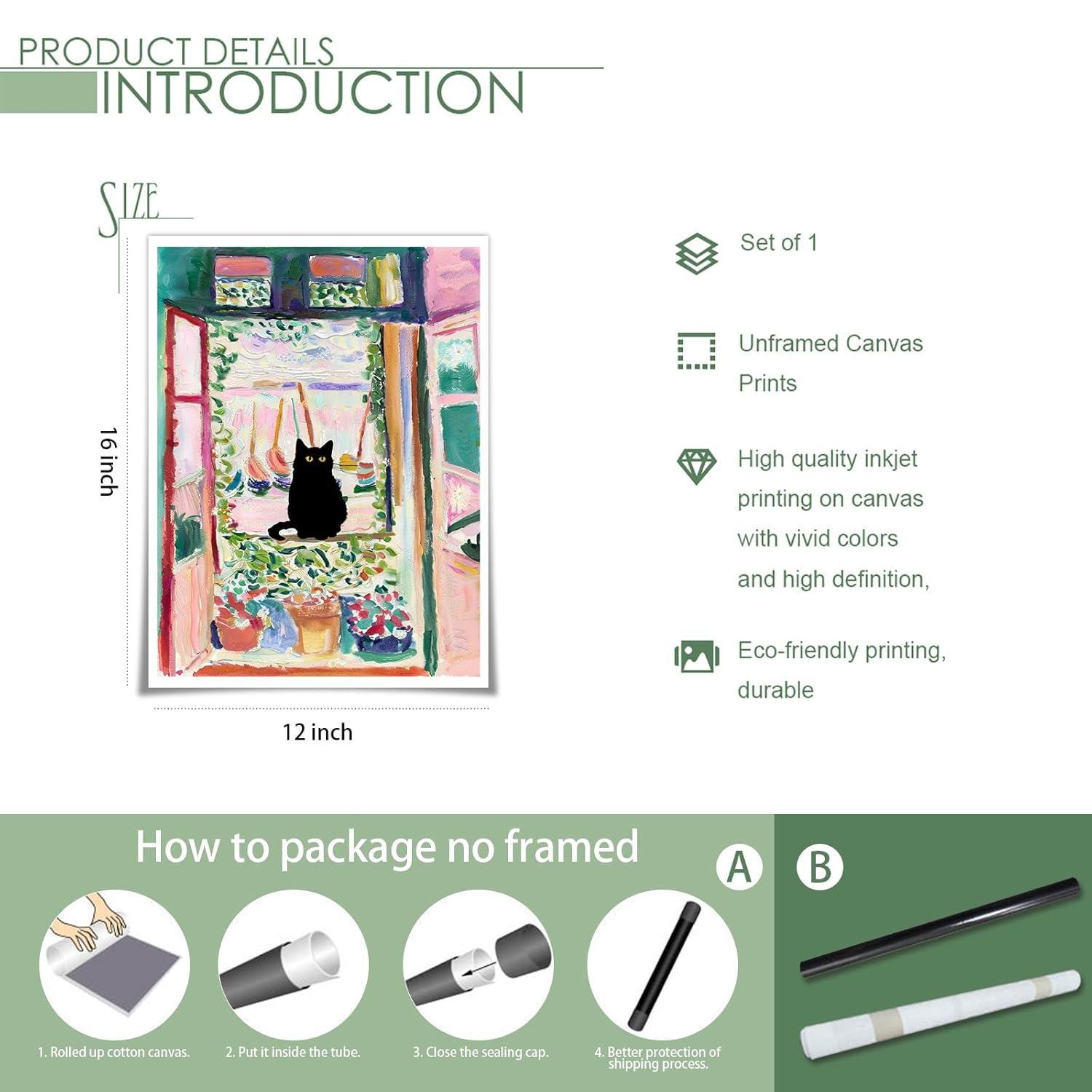 Henri Matisse Oil Paintings on Canvas Wall Art Matisse Famous Open Window Black Cat Poster Funny Cat Floral Print Colorful Farmhouse Gallery Aesthetic Room Decor for Bedroom Bathroom 12x16in Unframed