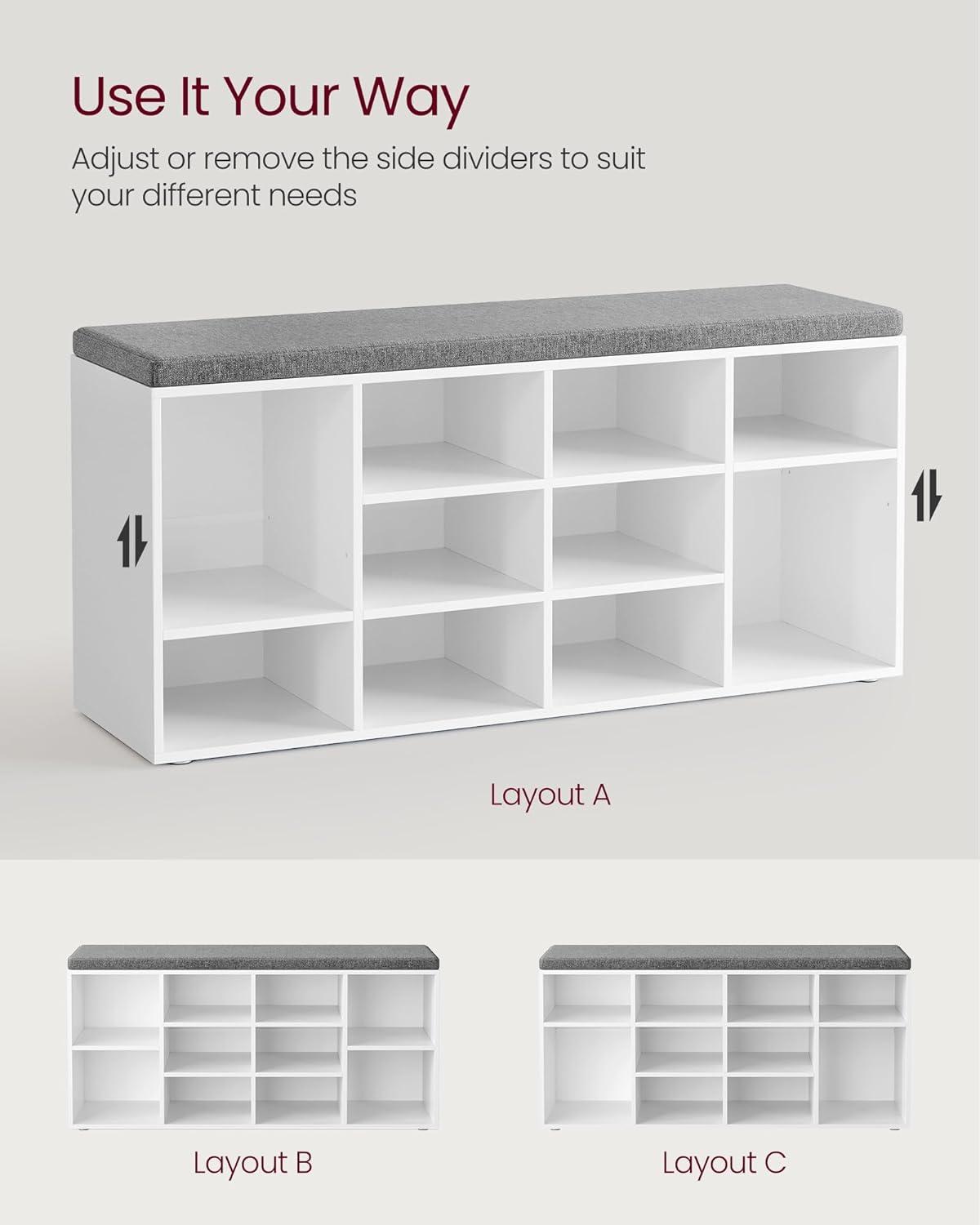 VASAGLE CUSTOS Collection - Shoe Bench, Storage Bench with Padded Seat, Entryway Bench with 12 Compartments, for Bedroom, 11.9 x 40.9 x 18.9 Inches, Cloud White and Slate Gray ULHS012W14