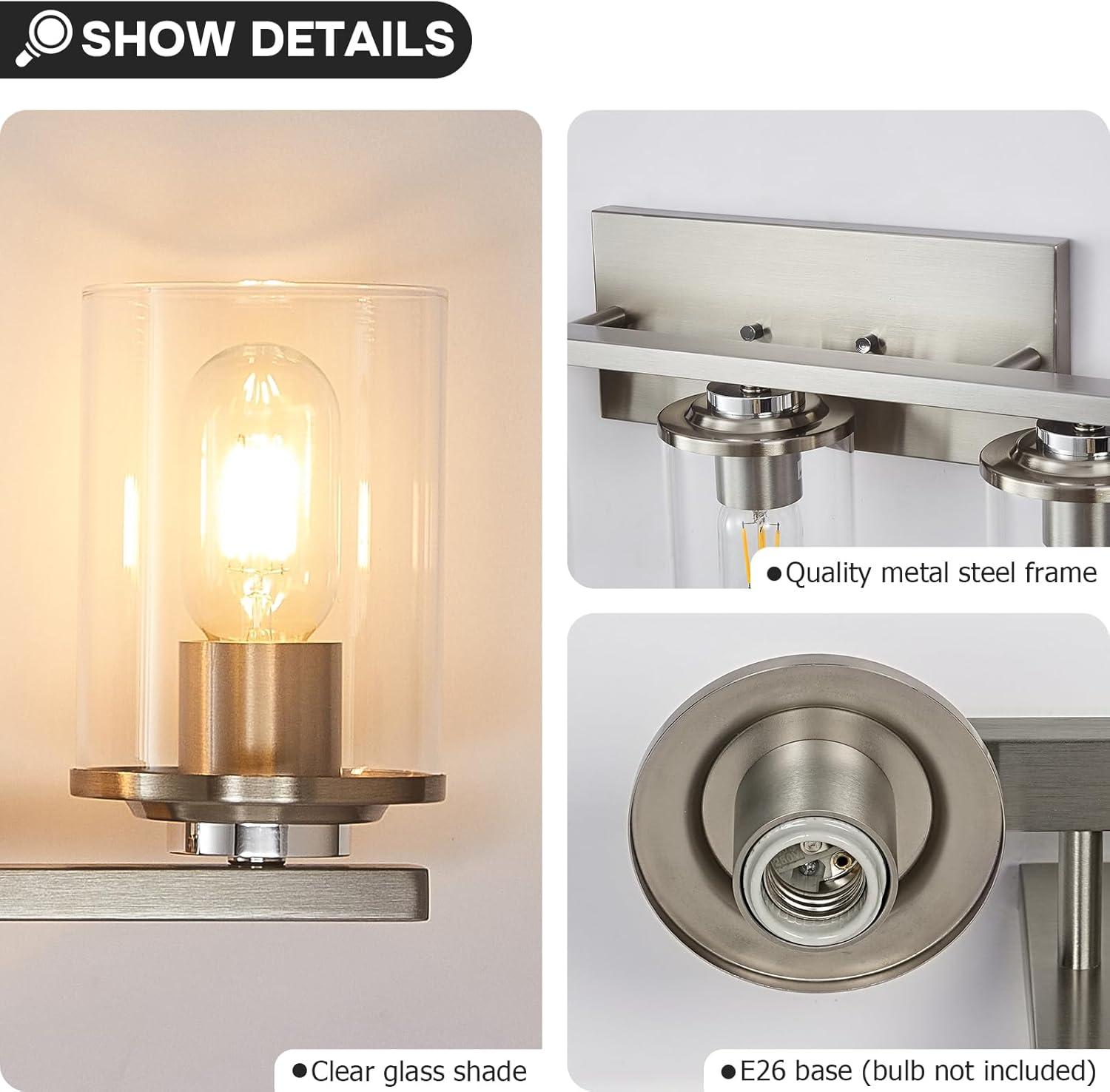 3-Light Brushed Nickel Wall Sconces for Bathroom, Modern Vanity Light Fixtures Over Mirror, Wall Lamp with Clear Glass Shade, E26 Wall Sconces Over Mirror for Bathroom, Living Room, Hallway