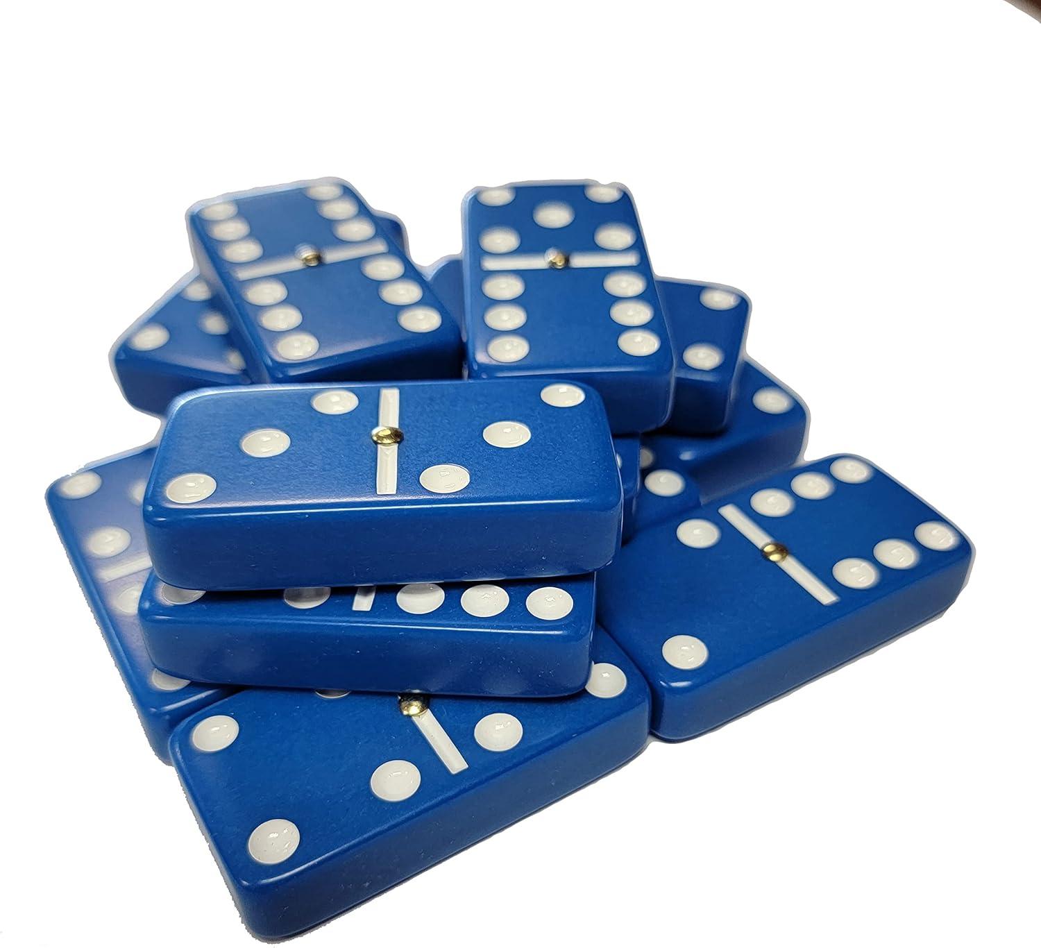 Blue Jumbo Tournament Domino Set with Spinners and Velvet Bag