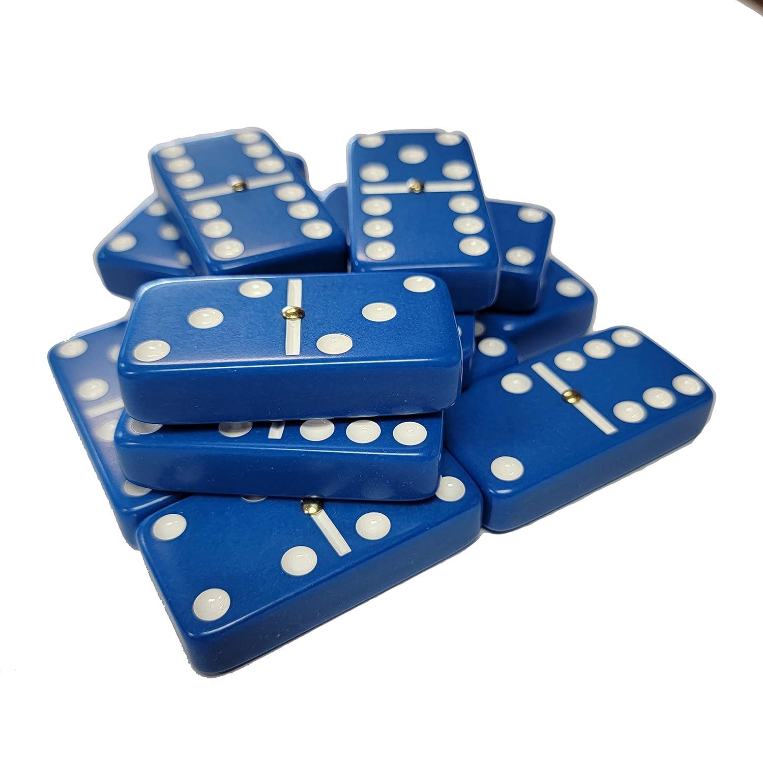 Blue Jumbo Tournament Domino Set with Spinners and Velvet Bag