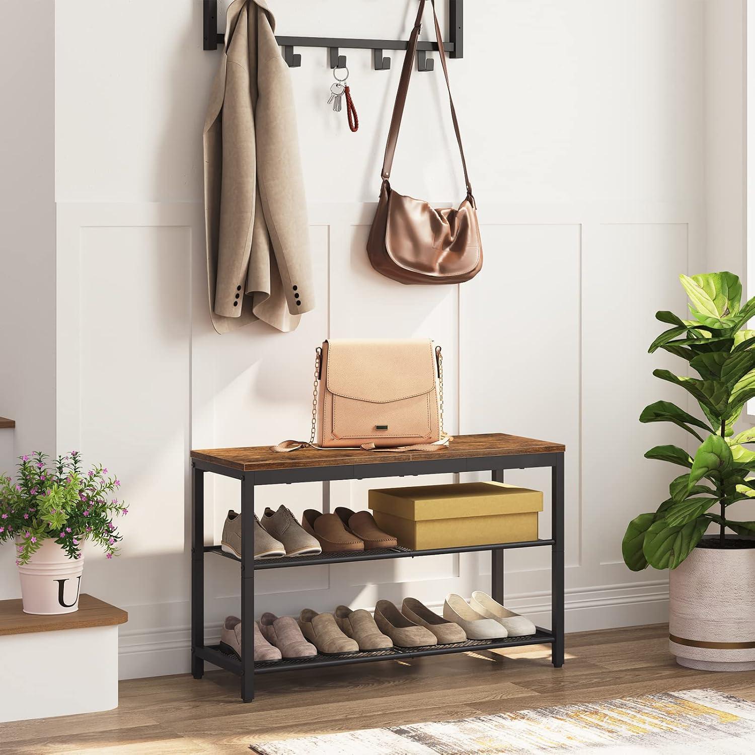 Shoe Bench, 3-Tier Shoe Rack, Industrial Shoe Organizer Storage Bench, 29.5 inches Entry Bench with Mesh Shelves, for Entryway, Living Room, Hallway, Easy Assembly, Rustic Brown BF75HX01