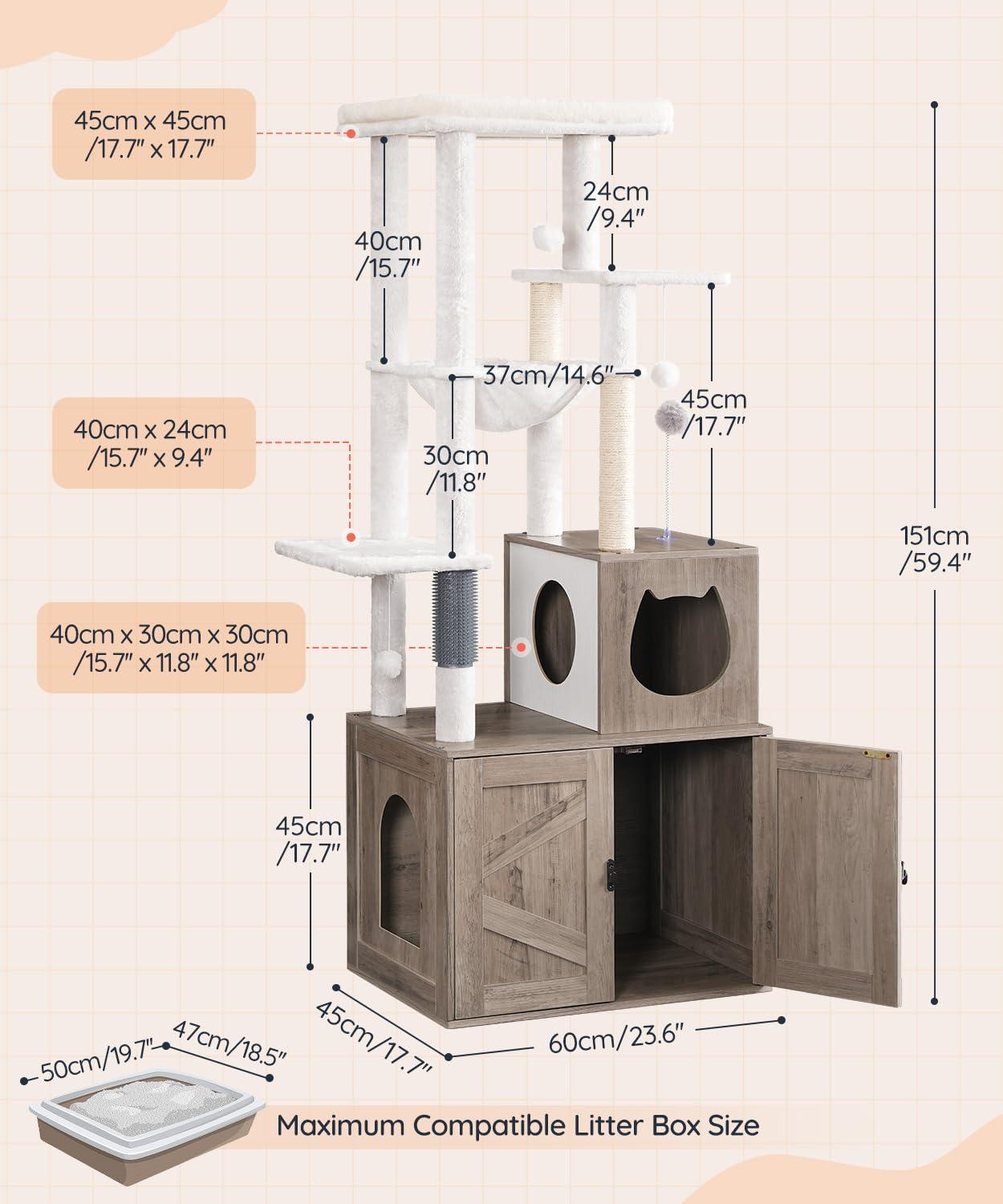Litter Box Enclosure with Cat Tree, 2-in-1 Cat Tree Tower, Hidden Cat Litter Box Furniture with Scratching Post, Modern Cat Condo, Grey