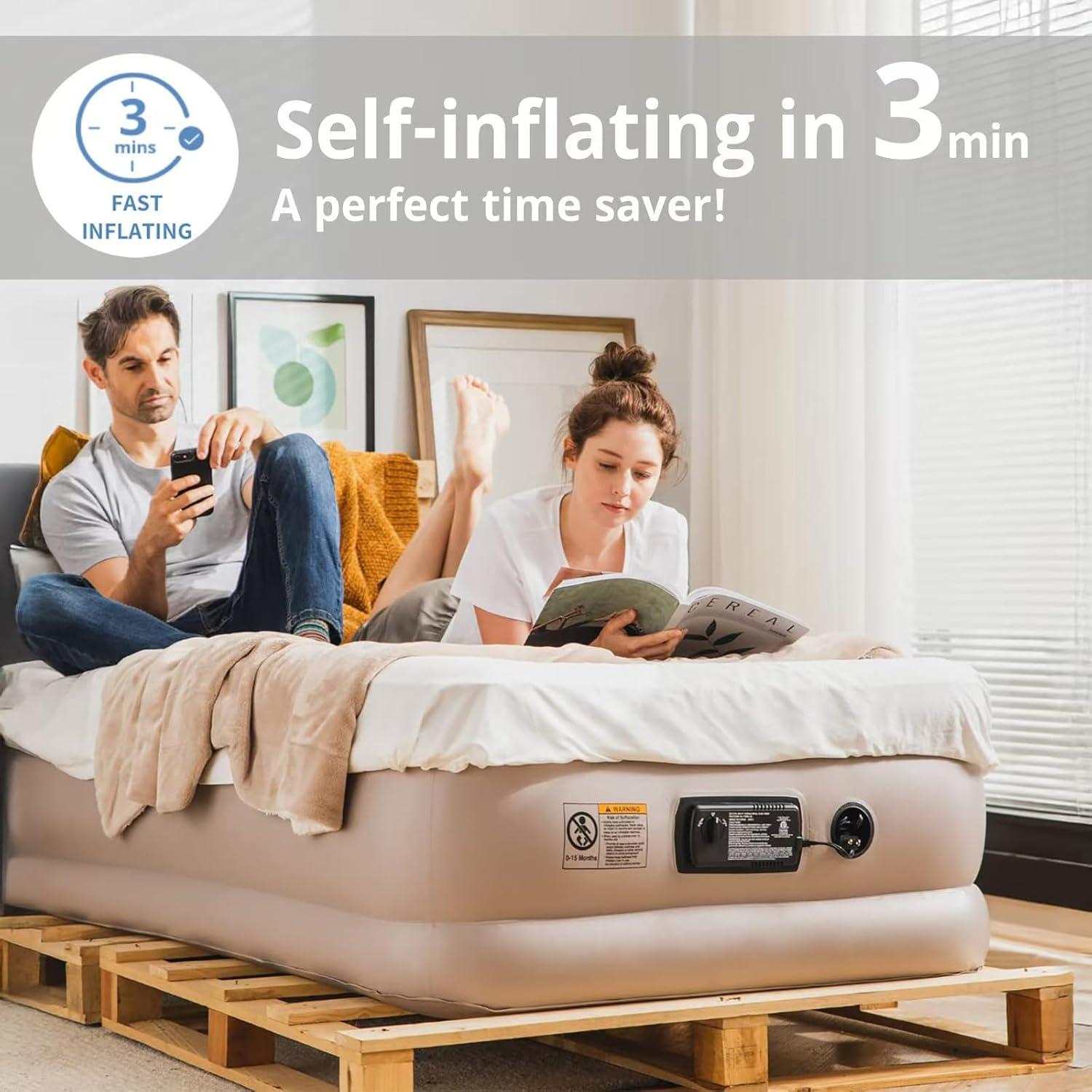 Simpli Comfy 18" Raised Twin Inflatable Air Mattress with Built-in AC Pump, Fast Self-Inflating Blow Up Air Bed with Waterproof Top for Home, Travel, Camping 75” x 40” x 18"…