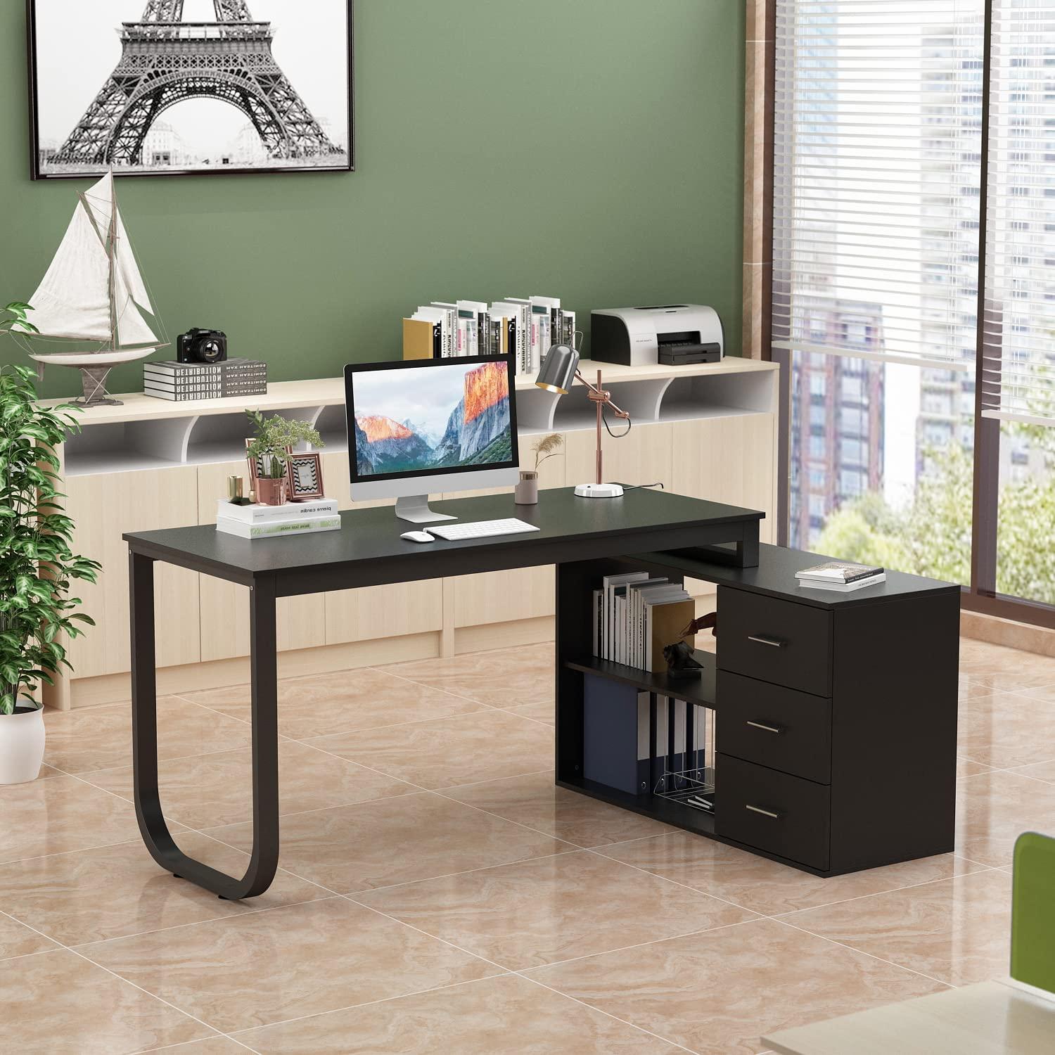 KULAGAGA L Shaped Computer Desk Corner Writing Workstation Table with Cabinet Drawer Storage for Home Office Study, Black