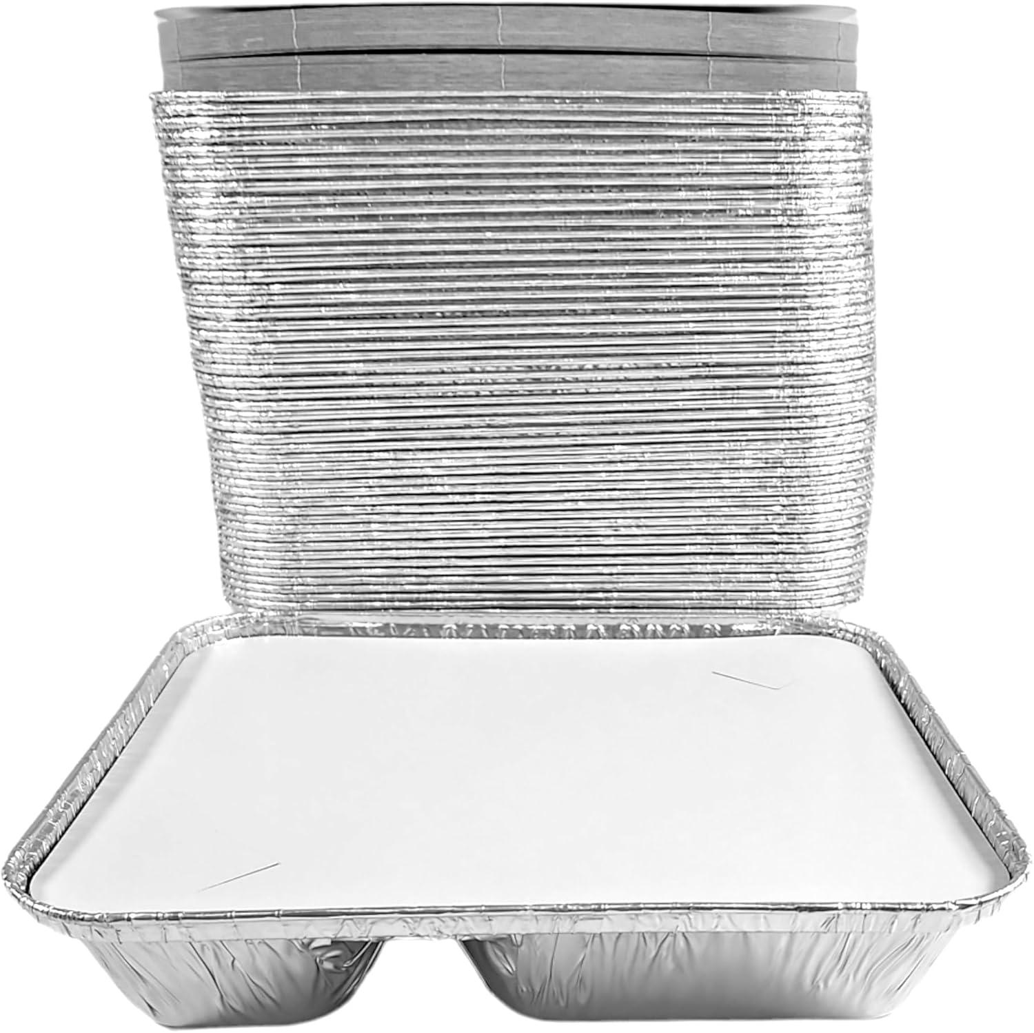 Pactogo Large 3-Compartment Oblong Aluminum Foil Take-Out Pan Senior Feeding TV Dinner Entr?e Tray w/Board Lid (Pack of 10 Sets)