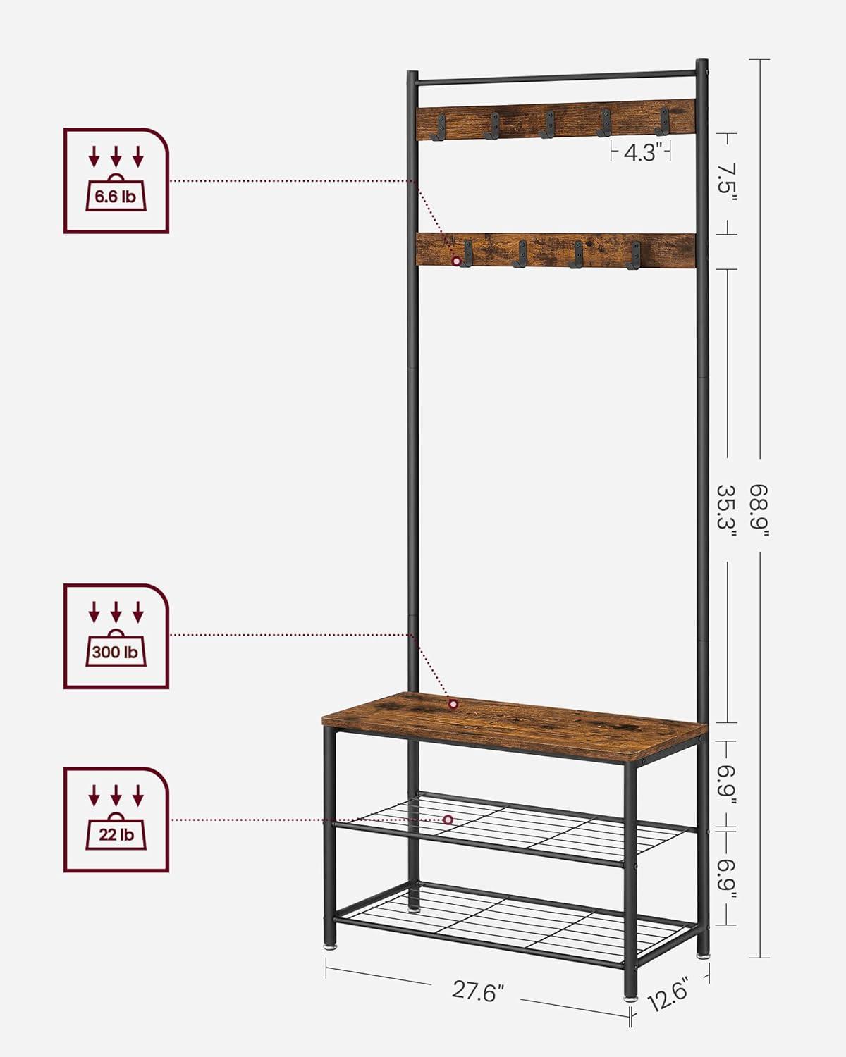 VASAGLE Hall Tree Entryway Coat Rack with Shoe Bench Rustic Walnut and Black
